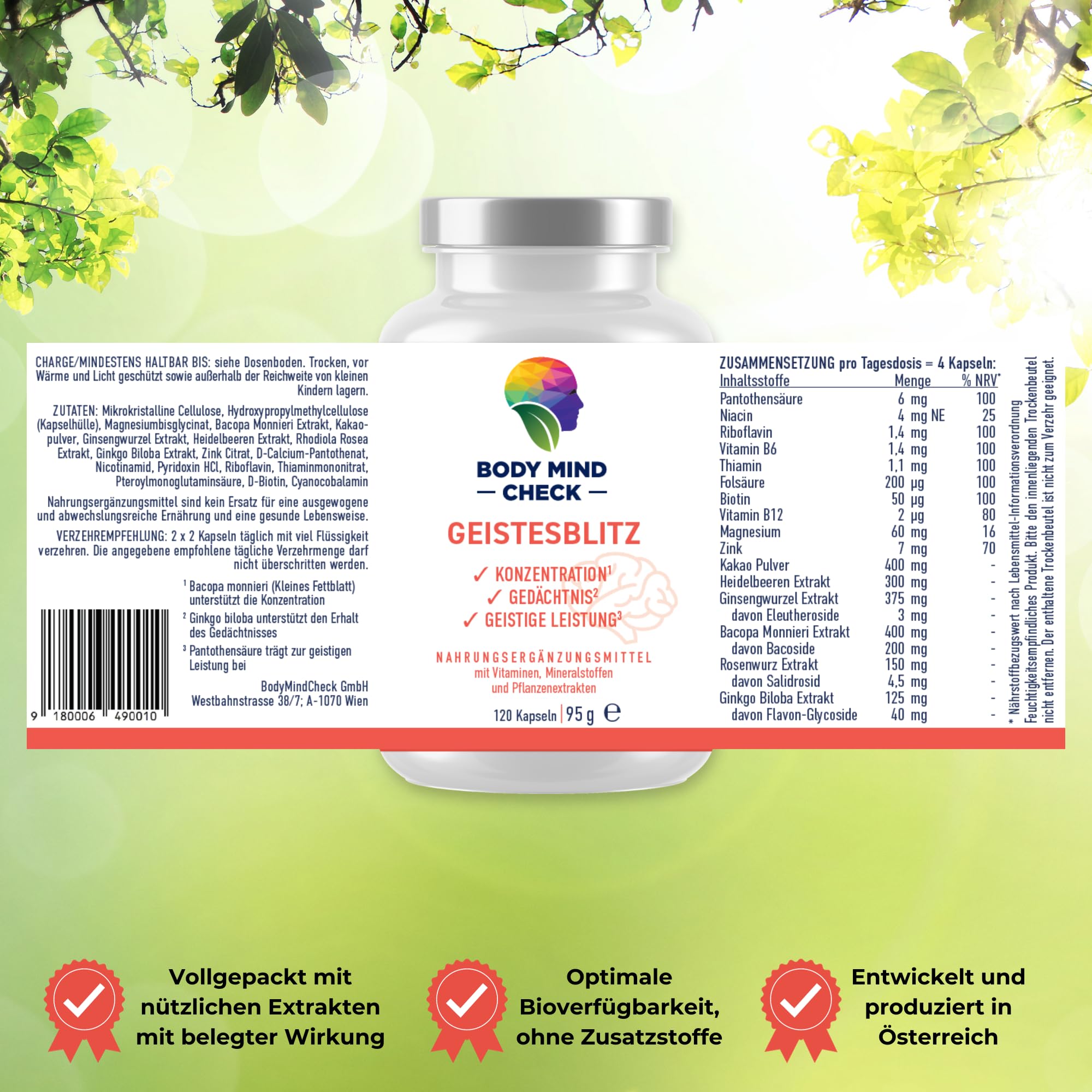 GEISTESBLITZ - natürliche Konzentrations Tabletten zum Lernen und Arbeiten - 120 Brain Booster Focus Kapseln hochdosiert - Focus Booster Gedächtnis Tabletten - Nootropic Gehirn Gedächtniskapseln
