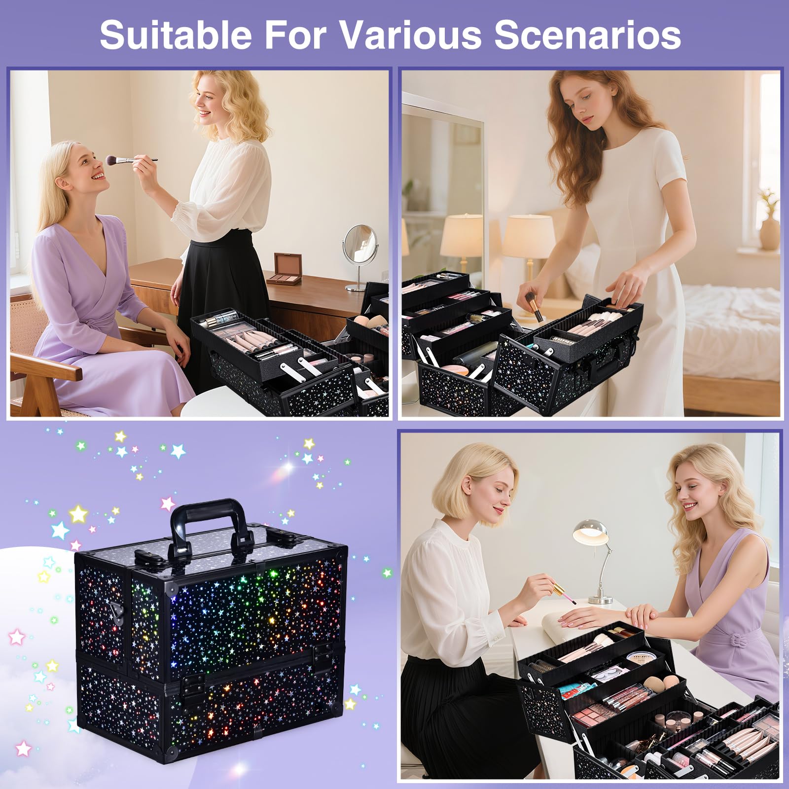 Joligrace Organizer per trucco per unghie, per gioielli, cosmetici, beauty vanity case extra large space, Stella nera, L