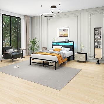HOMERECOMMEND Double Bed Frames with Upholstered Storage and LED Lights | 4ft6 Upholstered Doule Bed Frame 135x190 cm with Metal Slats Enhanced Support, Under Bed Storage,Easy Assembly