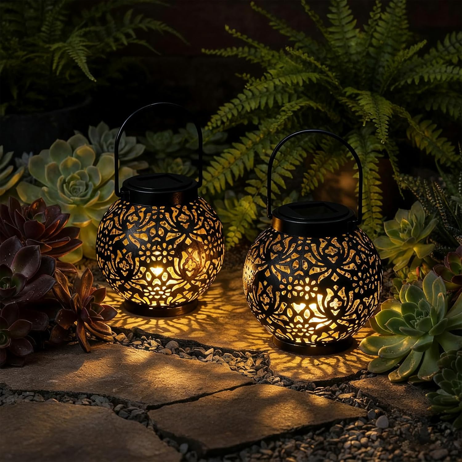 Homemory 2 Pack Solar Lanterns Outdoor Waterproof Hanging Lantern Decorative Outside Lights for Pathway, Patio, Backyard, Porch, Lawn (Black) - Image 7