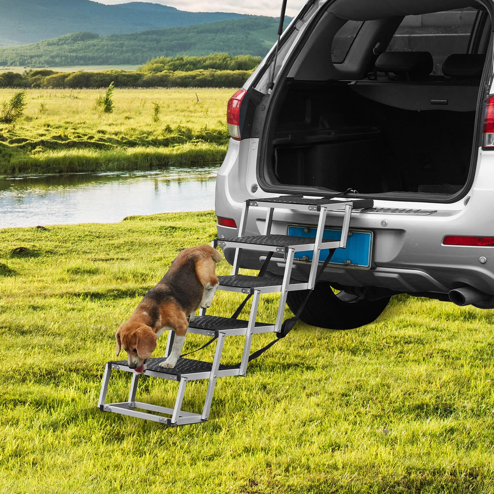 VEVOR Escaleras para Perros para Coche de 5 escalones, Carga de 68 kg Rampa Plegable para Perros de Aluminio Ligero con Superficie Antideslizante Escalones Portátiles de Mascotas para Coche y Camión