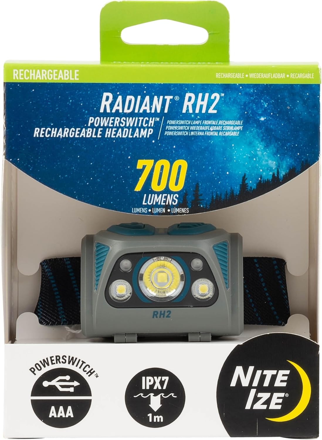 Nite Ize Radiant RH2 PowerSwitch Rechargeable Headlamp - Headlamp for Camping & Hiking - Rechargeable Battery - Hands-Free Light with 7 Modes Plus Lockout - Waterproof & Impact-Resistant - Blue/Grey