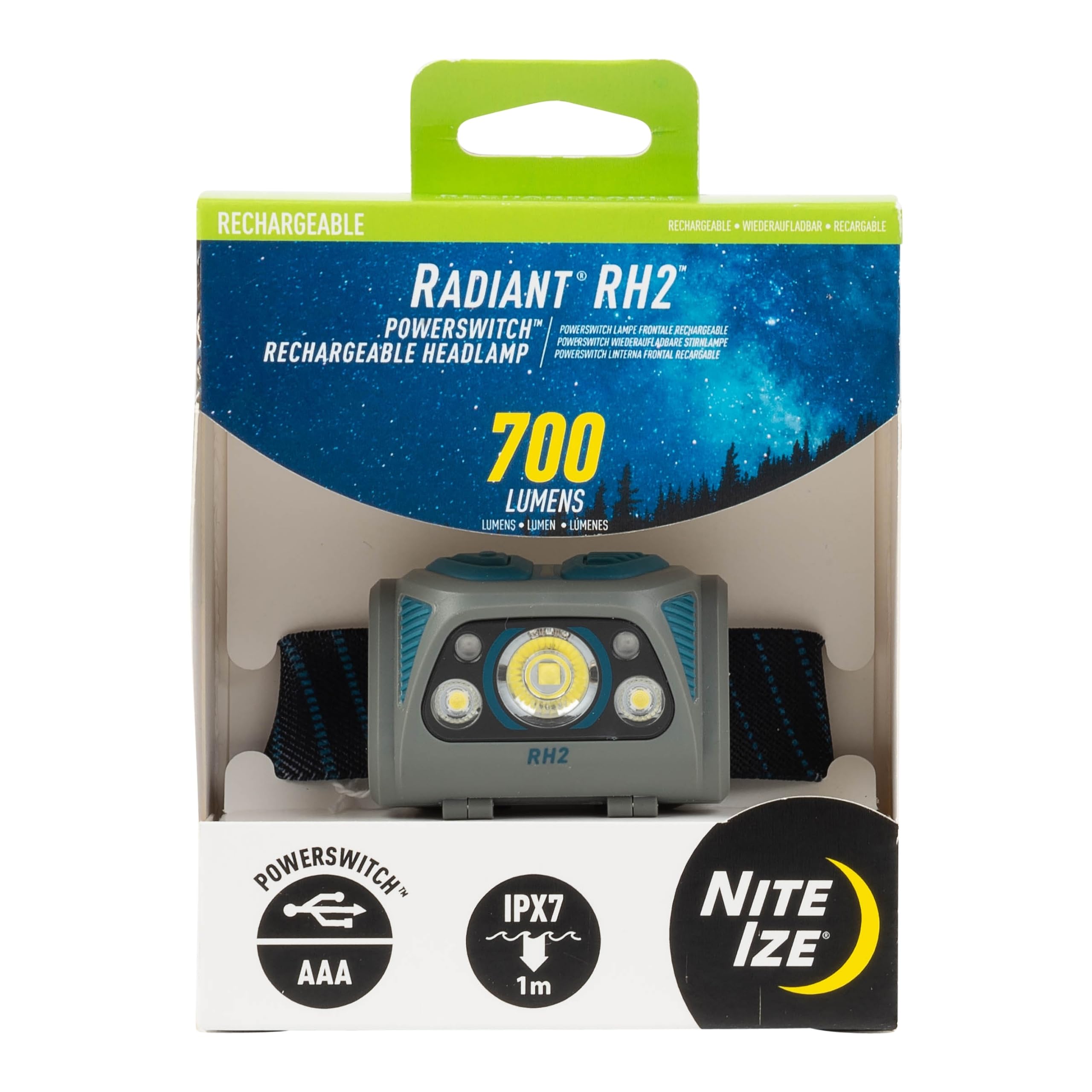 Nite Ize Radiant RH2 PowerSwitch Rechargeable Headlamp - Headlamp for Camping & Hiking - Rechargeable Battery - Hands-Free Light with 7 Modes Plus