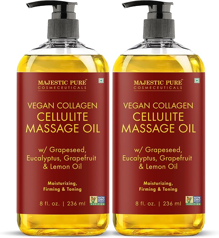 Majestic Pure Cellulite Massage Oil, Toning Body Blend, 8 Fl Oz, 2-Pack | Value duo for firming-style lower-body routines and daily skin-smoothing; lightweight glide absorbs fast, no greasy residue.