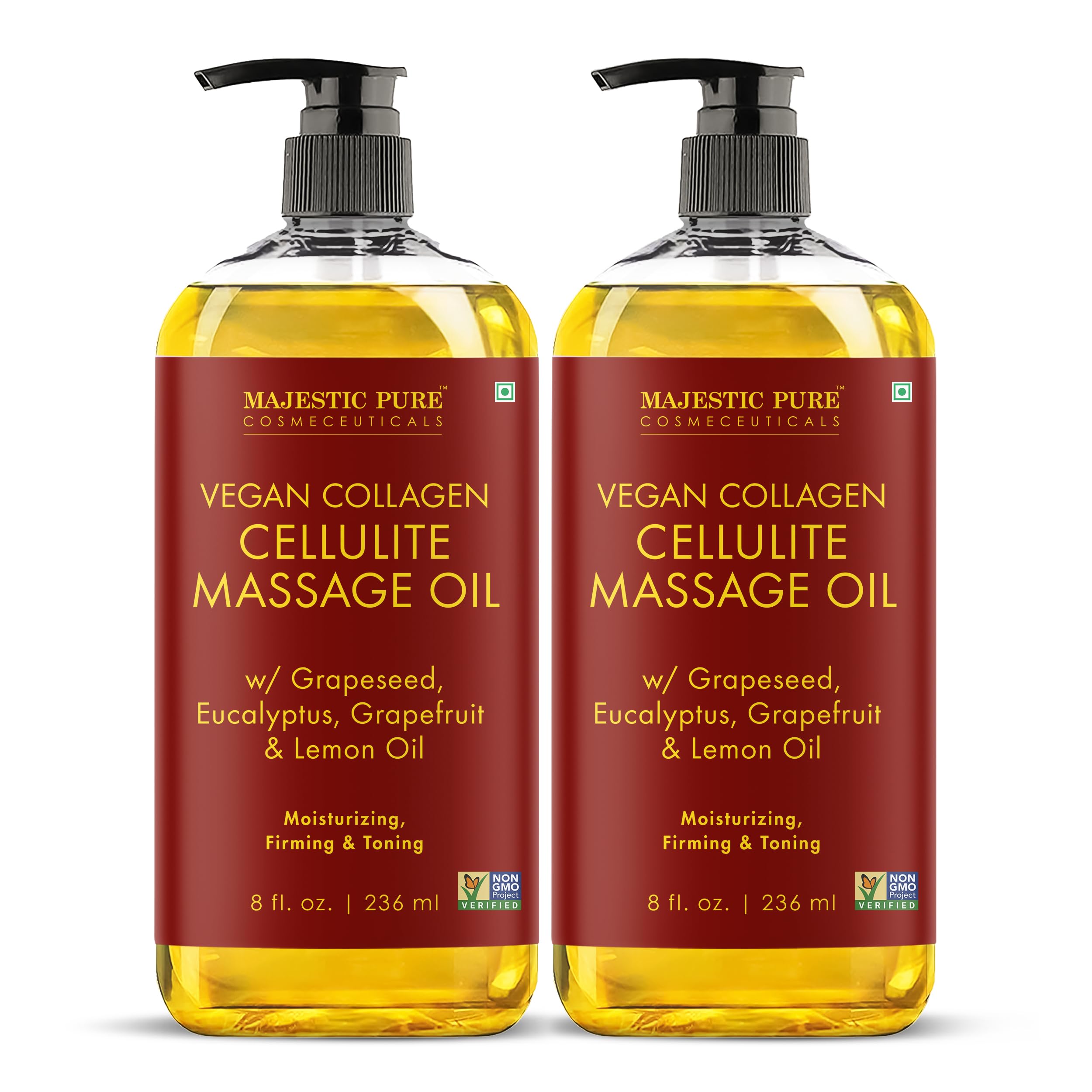 Majestic Pure Firming Body Massage Oil with Collagen – Helps Smooth The Appearance of Cellulite & Improve Skin Texture – Refreshing Aromatherapy Body Oil for Legs & Full Body – 8 Fl Oz Pack of 2