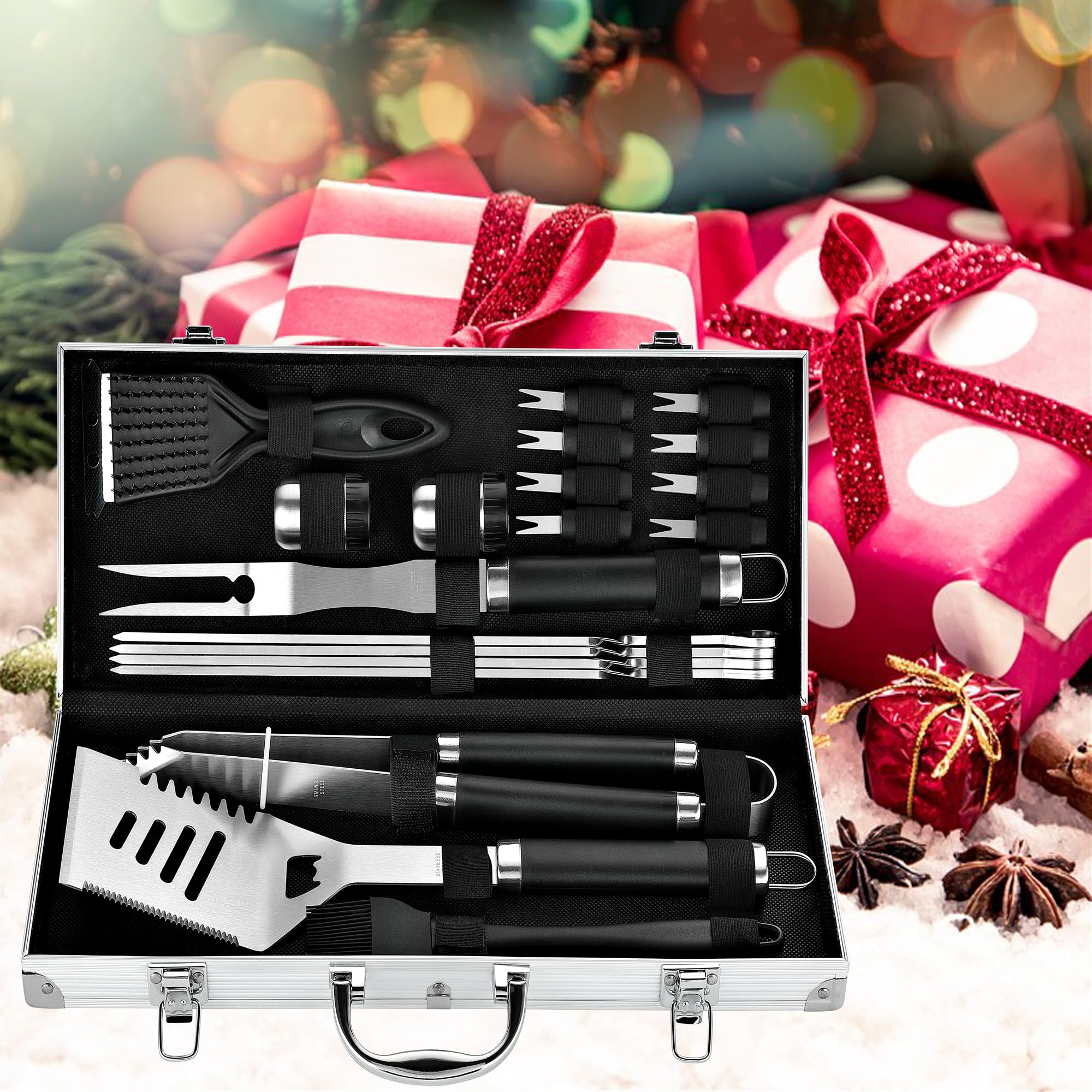ROMANTICIST Set di 20 utensili per barbecue in custodia, il miglior regalo per la festa del papà e Natale, set di accessori professionali per barbecue per cucinare all'aperto, campeggio, grigliare