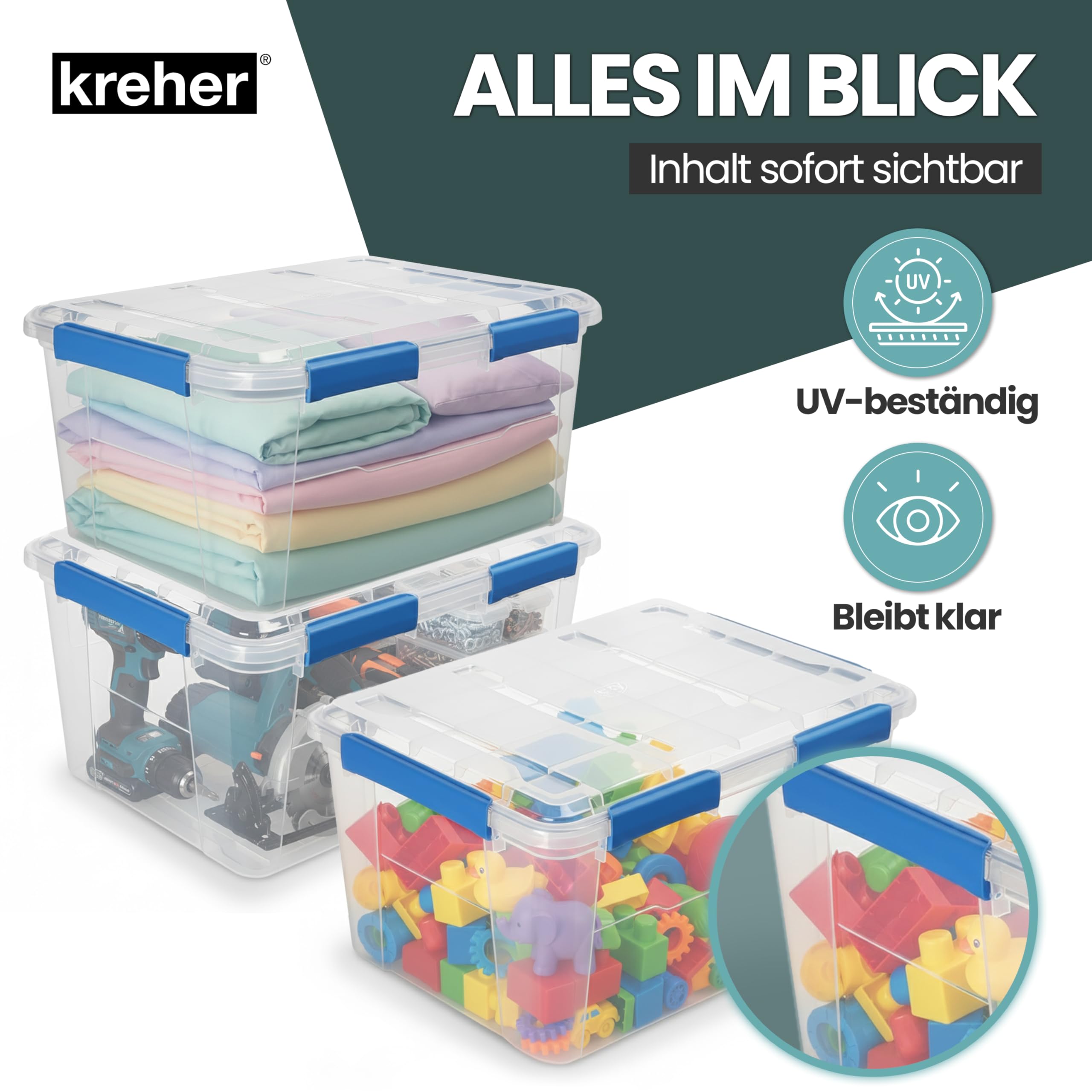 Kreher® Aufbewahrungsbox 75 Liter mit Deckel – wasserdicht & staubdicht, transparent & stapelbar, BPA- & schadstofffrei, robuste Kunststoffbox mit Silikondichtung & 6 Clips (2)
