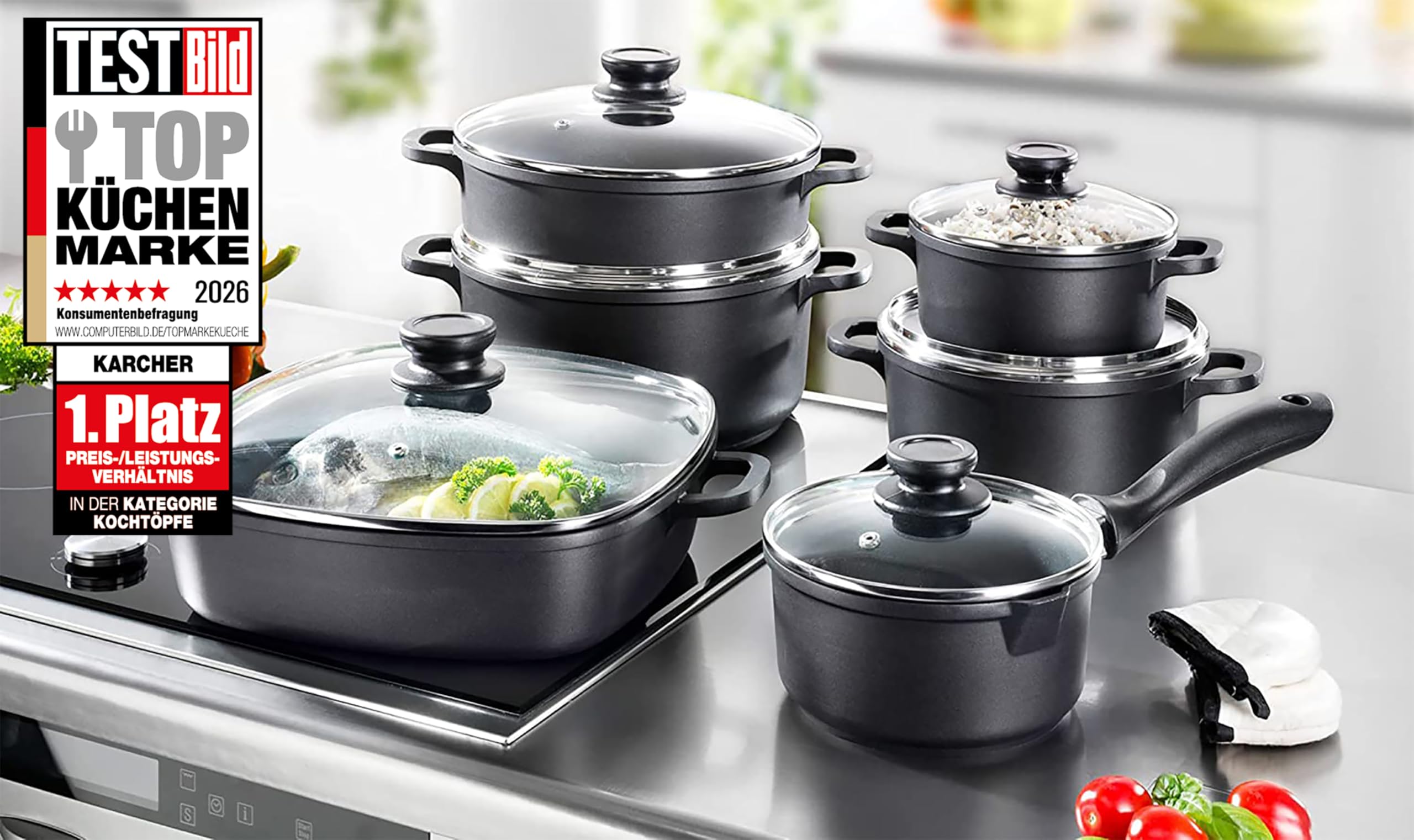 Karcher Kochtopfset Aluguss 12-teilig – Topfset mit Teflon Classic Antihaftbeschichtung, Glasdeckeln & Thermogrips – für alle Herdarten außer Induktion, backofenfest & spülmaschinengeeignet