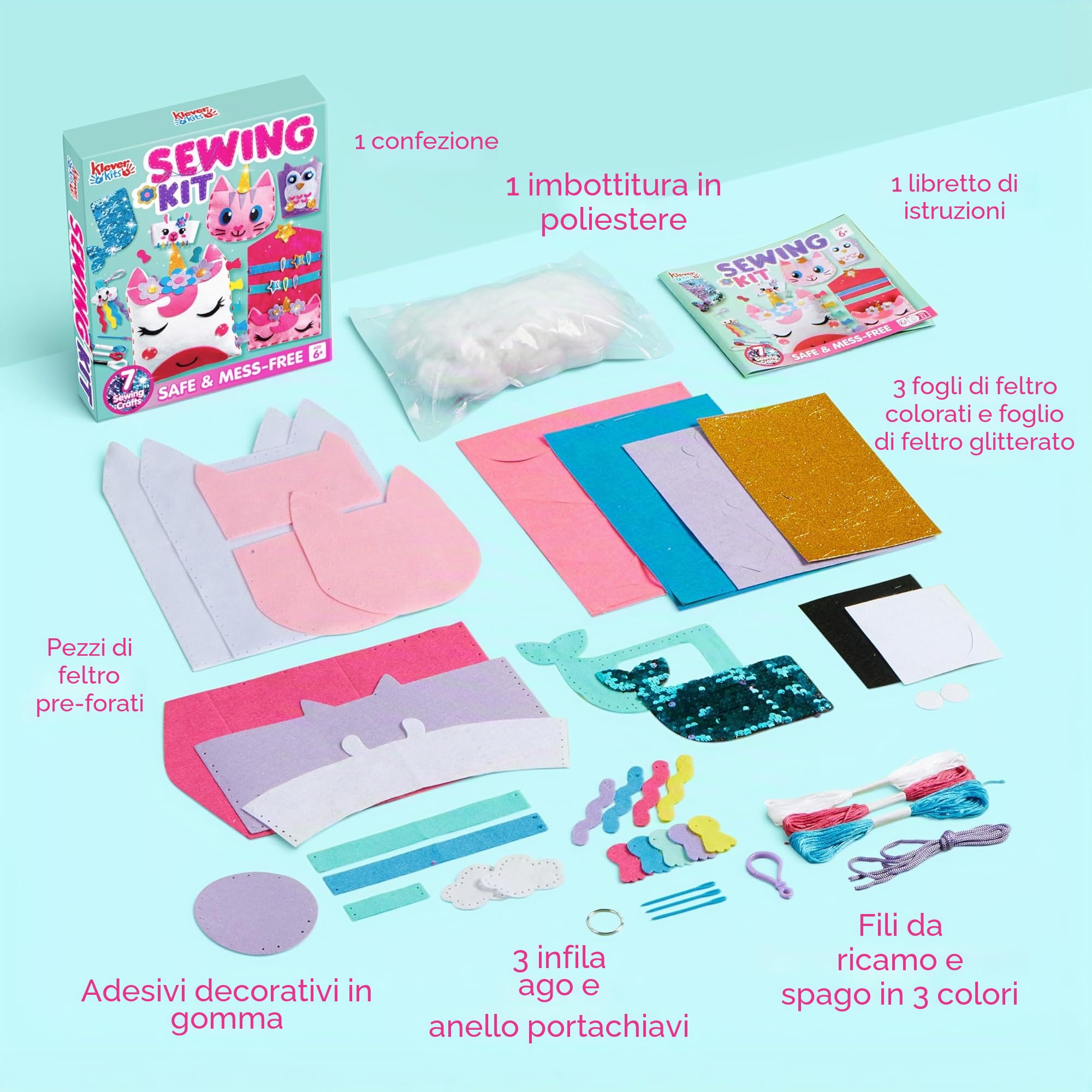 Klever Kits 7 Progetti di Cucito - Il Mio Primo Kit da Cucito in Feltro - Semplici creazioni fai da te con Animali con Cuscino Unicorno e Portacarte Sirena, Regalo per Bambini dai 6 Anni in su