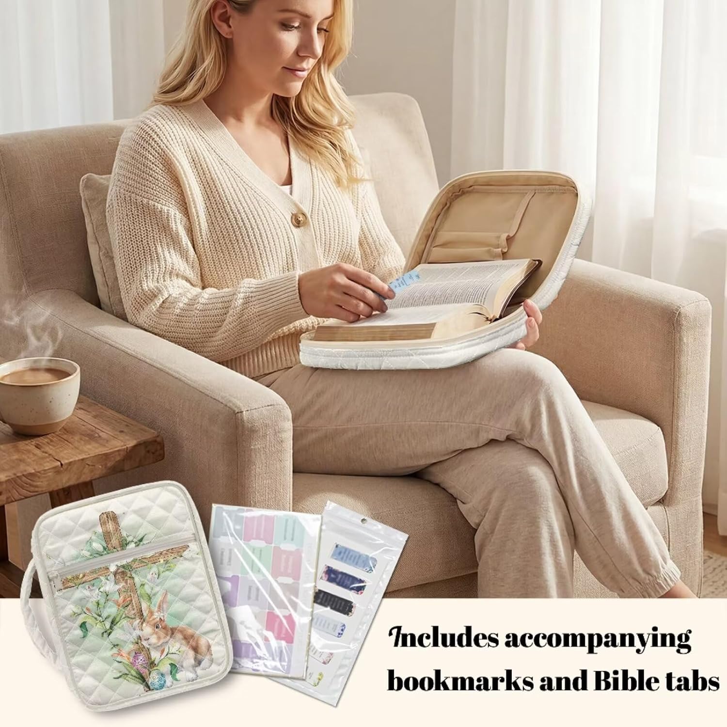Lily Flower Bunny Cross Bible Cover Case for Women Large Quilted Carrying Case with Handle, Laminated Bible Book Tabs and Magnetic Bookmark