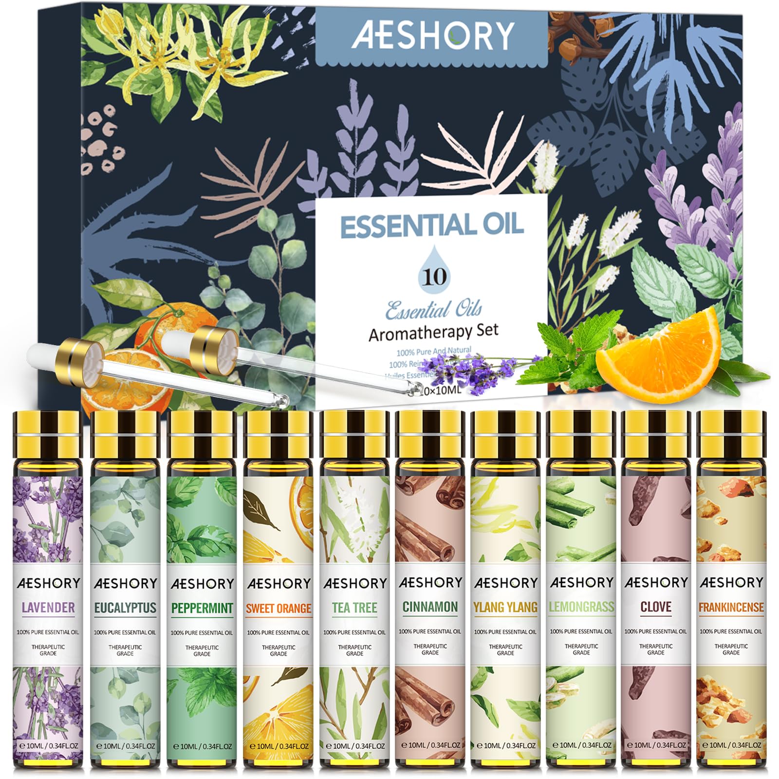 Aeshory Essential Oils Set 10 x 10ML, Pure Premium Aromatherapy Essential Oil for Diffuser for Home, Cleaning, Relaxation, Massage, Skin Care, Air Freshening, DIY Soap & Candle, Perfume Making