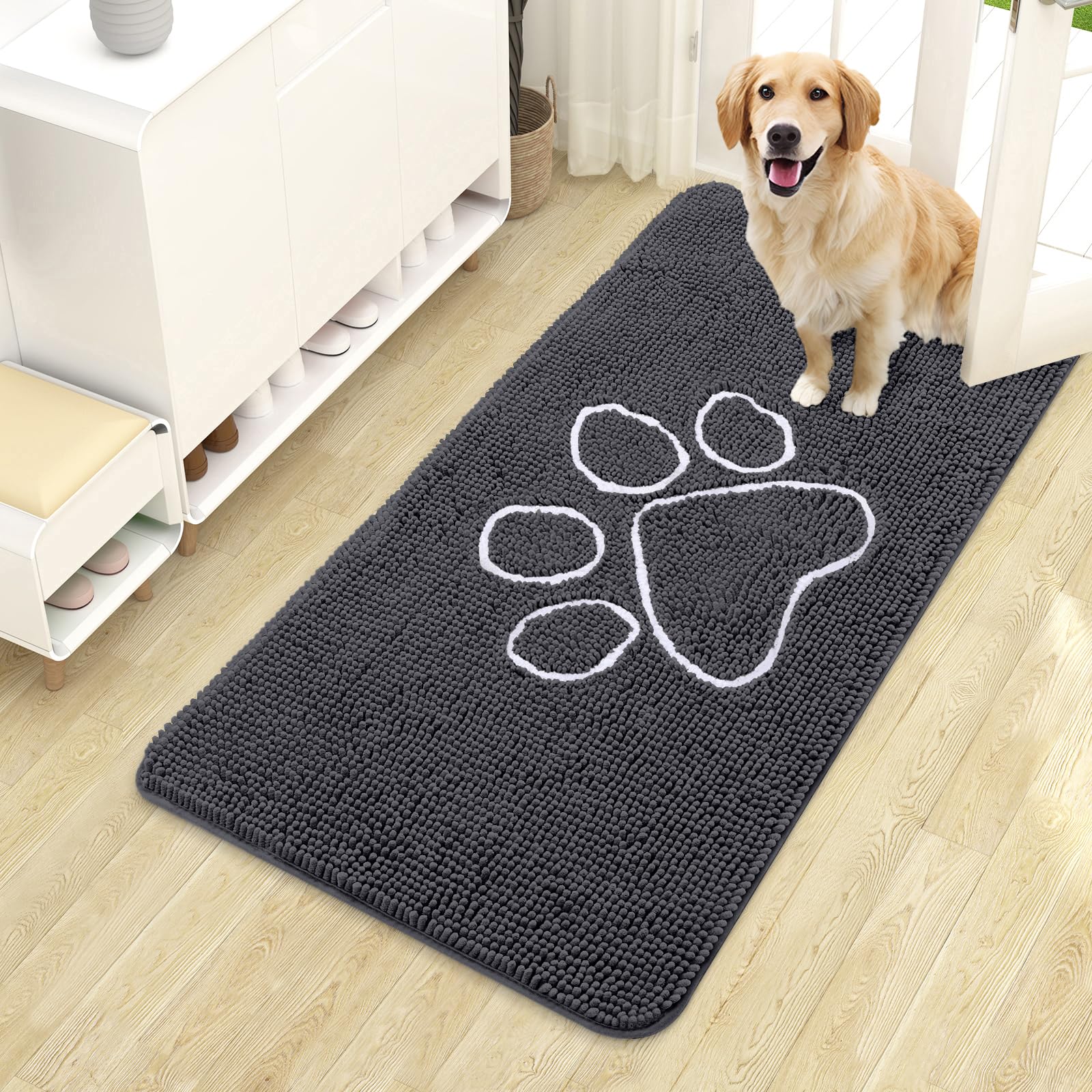 OLANLY Dog Door Mat for Muddy Paws 44x24, Paw Print Design Chenille Mud Mat