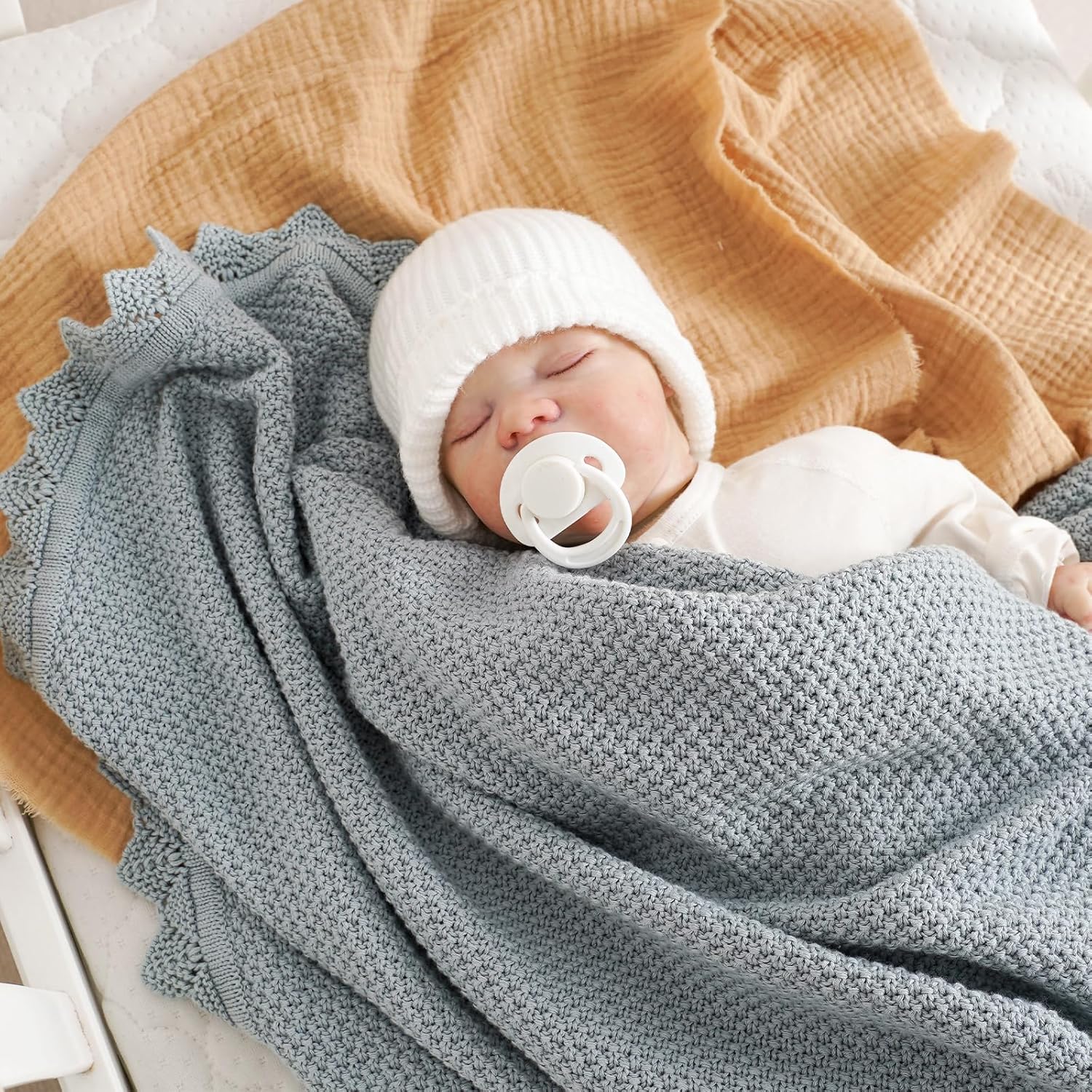 Neiwech Organic Cotton Baby Blanket Knit Soft Receiving Swaddling Crib Nursery Blankets for Newborns Infants Boys Girls Blue 30x40 Inch
