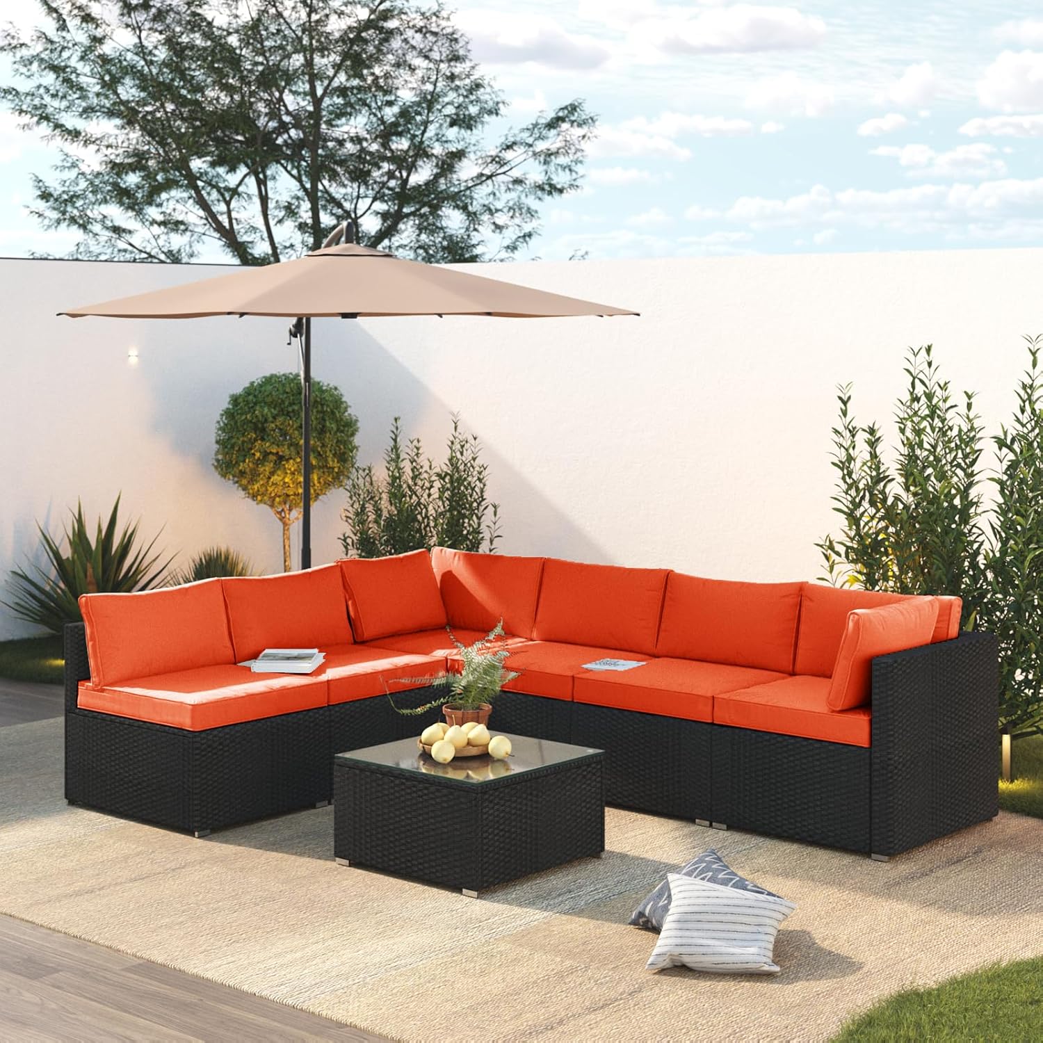 7 Piece Patio Furniture Set, Outdoor Couch SetAll-Weather Outdoor Furniture Sectional w Water Resistant Thick Cushions, Patio Sofa Set w 2 Extra Pillows and Coffee Table, Orange/Black
