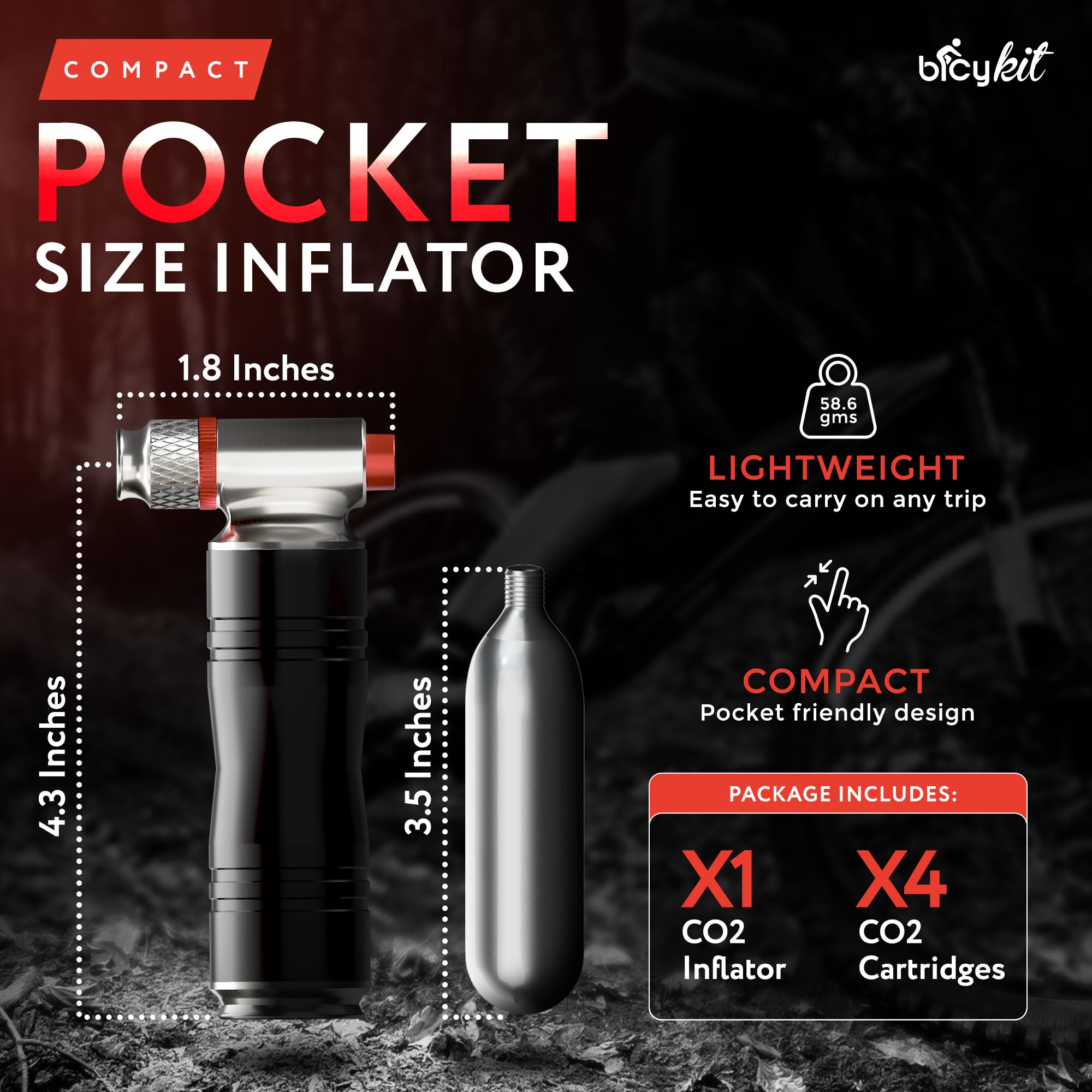 BicyKit - Inflador de neumáticos de bicicleta de CO2 con 4 cartuchos de CO2 - Válvula Presta y Schrader compatible con bicicletas de carretera y montaña - Accesorios de bicicleta de montaña para