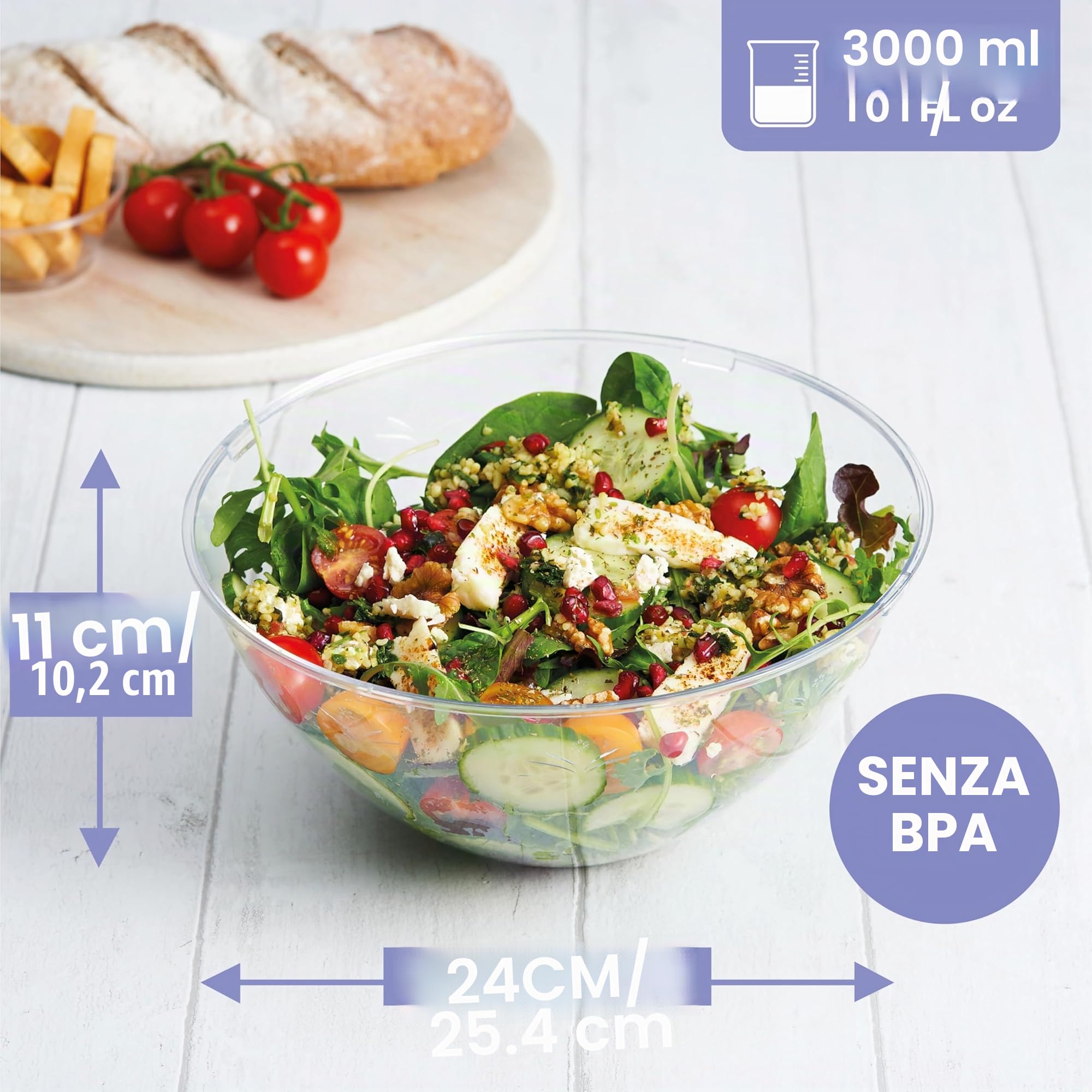 Matana 5 Grandi Ciotole in Plastica Rigida Trasparente, Insalatiere, 3000ml - Resistenti e Riutilizzabili - Insalate, Finger Food, Snack e Patatine - Feste, Picnic, Compleanni, Barbecue