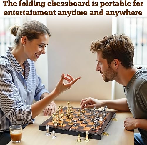 Miniatura 7 de Juego de ajedrez de metal de lujo con tablero de madera, juego de mesa de ajedrez plegable de 17 pulgadas con piezas de ajedrez doradas y plateadas,