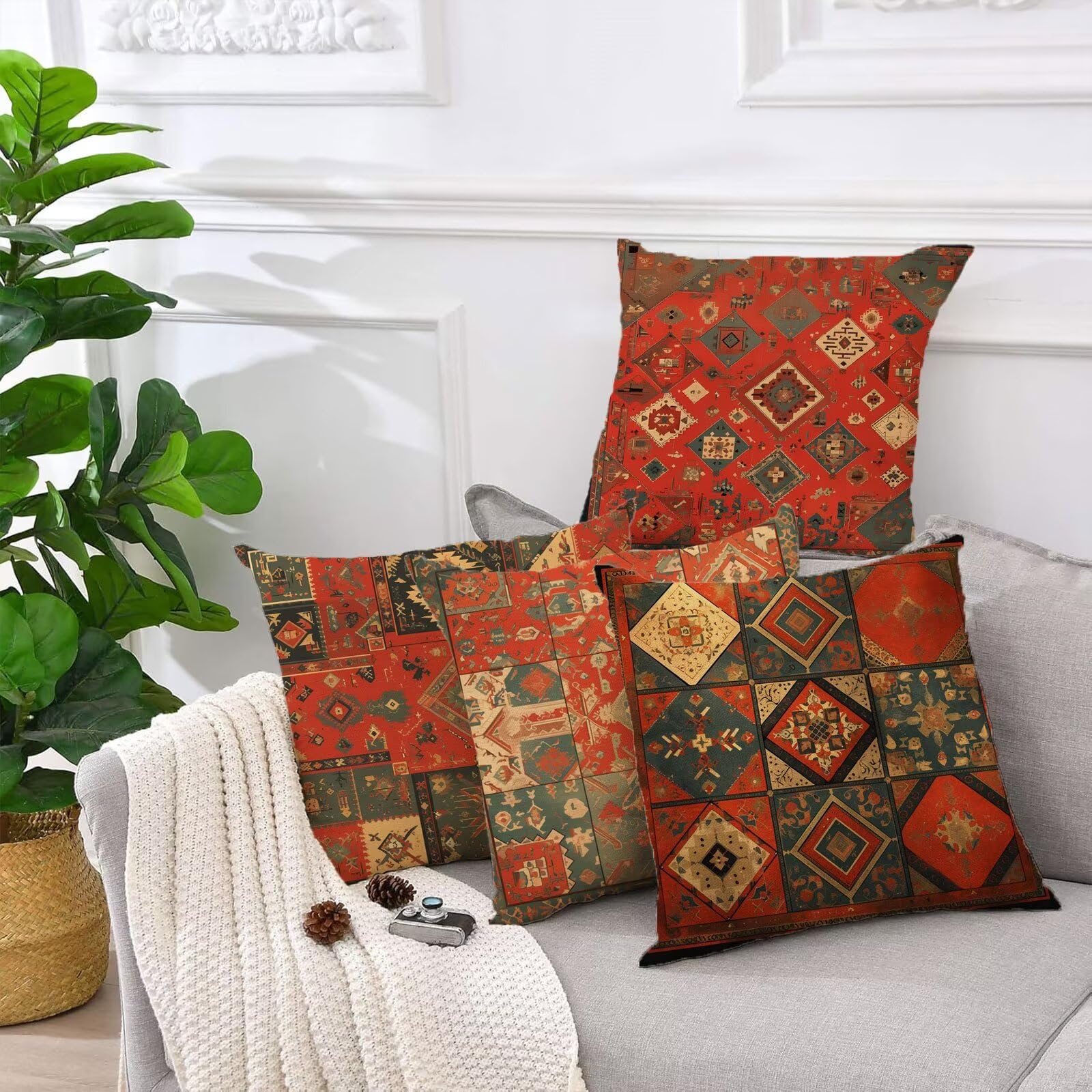 Kissenbezug 60x60 cm 4 Stück Terrakotta Outdoor Kissen Wetterfest Samt Kissenhüllen mit Unsichtbarer Reißverschluss Böhmen Dekokissen für Terrassen Balkon Deko Gartenkissen Outdoor Sommer Gifts z-567