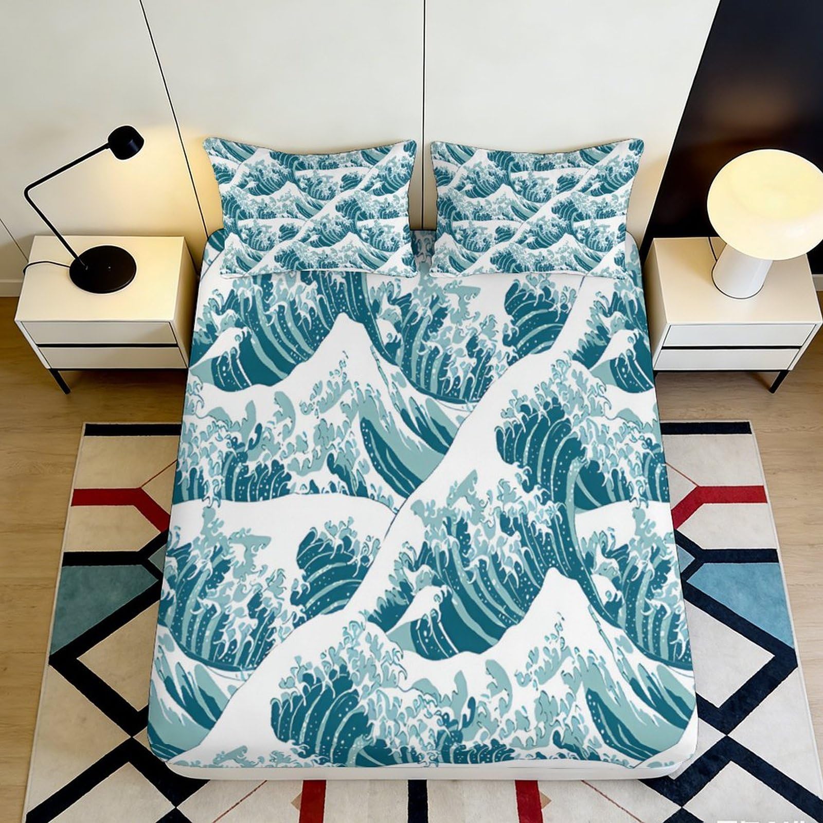 3D Printed Ocean Wave Fitted Sheet Microfiber Blue Japanese Art Mattress Cover Bedroom Decor for Home Guest Room 90x200x25cm