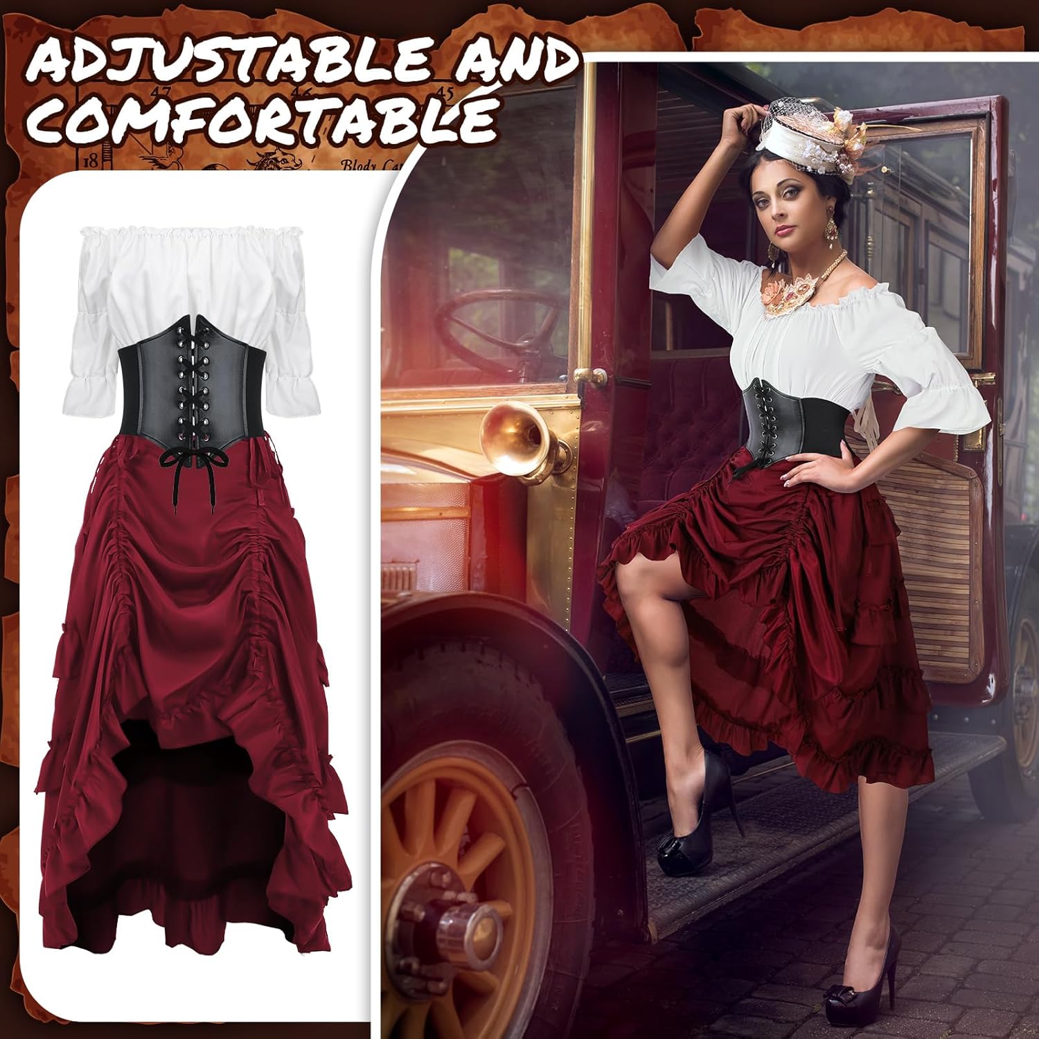 Suhine 3 Pcs Renaissance Pirate Costume Women Medieval Victorian Outfit High Low Skirt Blouse Top Viking Corset - Image 5