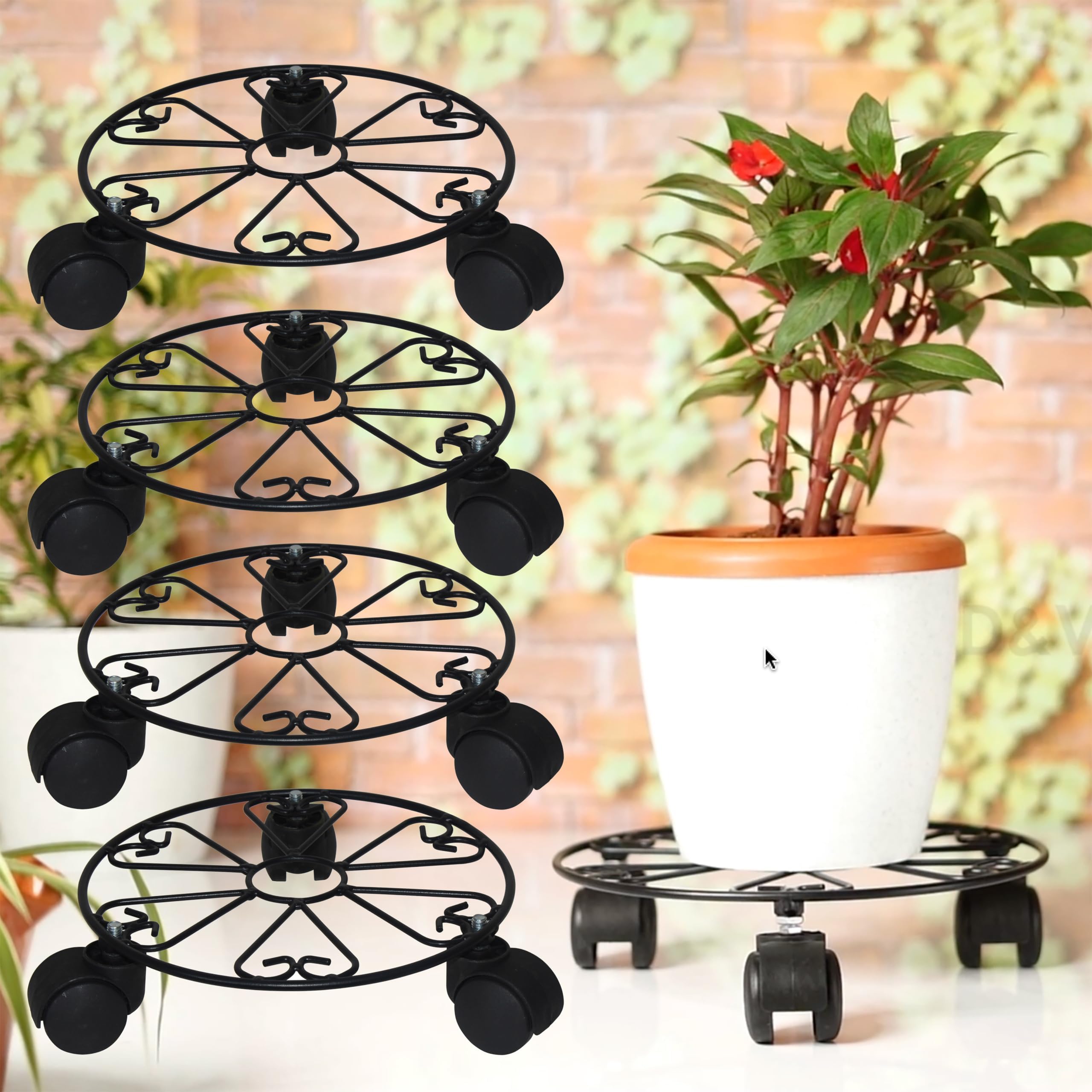 D&V Engineering Heavy Duty Metal Plant Stand with Wheels | 50 kg Load Capacity | Powder Coated Round Black Plant Pot Trolley for Indoor, Outdoor, Balcony & Garden | Pack of 4