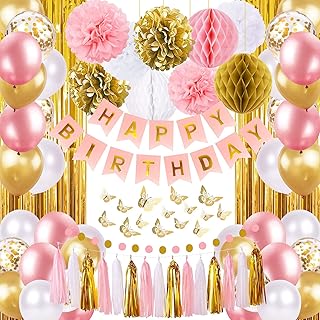 Pink and Gold Birthday Party Decorations for Women with Happy Birthday Banner,Curtains, Butterfly Wall,Circle Dots Garland,Tissue Pompoms,Paper Tassels Garland for Her