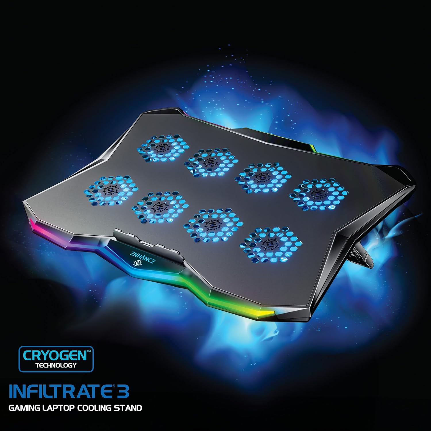 Close-up of the ENHANCE Infiltrate 3 Laptop Cooling Pad's illuminated fans and RGB lighting.