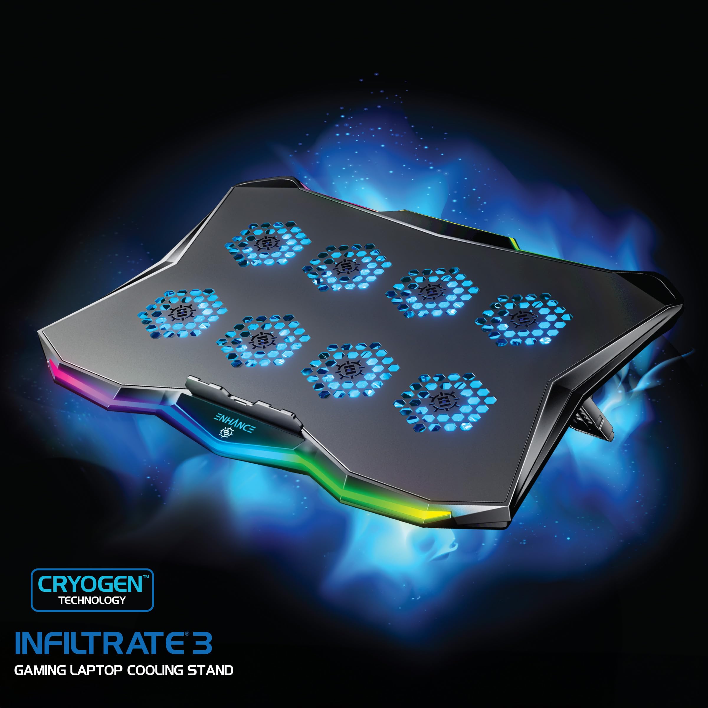 ENHANCE Infiltrate 3 Support de Refroidissement pour Ordinateur Portable avec Lumières RVB - Support de Jeu avec 8 Ventilateurs Ultra-Silencieux, 7-Angles Réglables, Double Hub USB, Métal