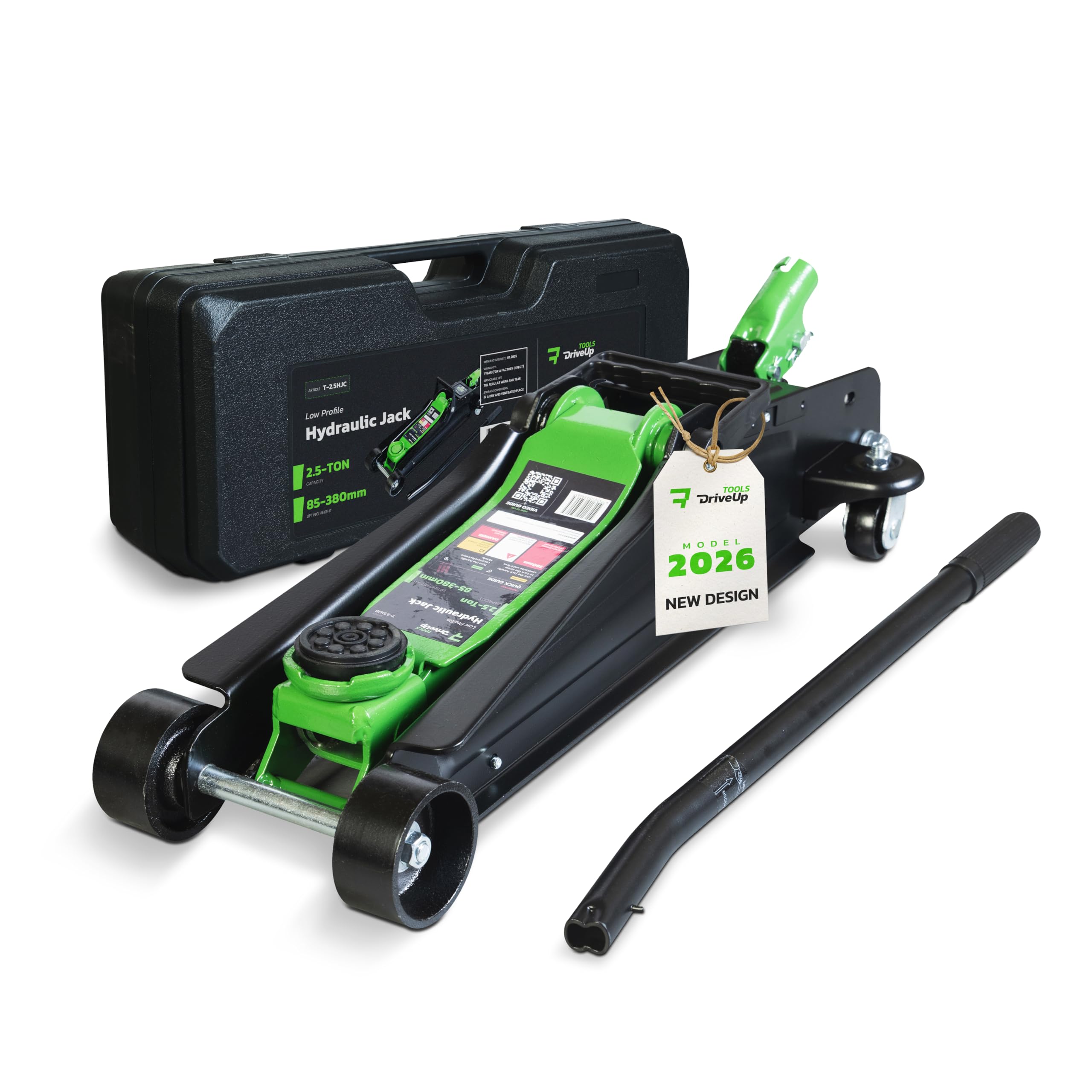 Cric hydraulique 2,5 tonnes avec Valise de Transport – Profil Plat, Hauteur de Levage 8,5–38 cm – Levage Rapide avec Tampon Caoutchouc – Capacité 2500 kg – Cric Portable pour Voitures & SUV