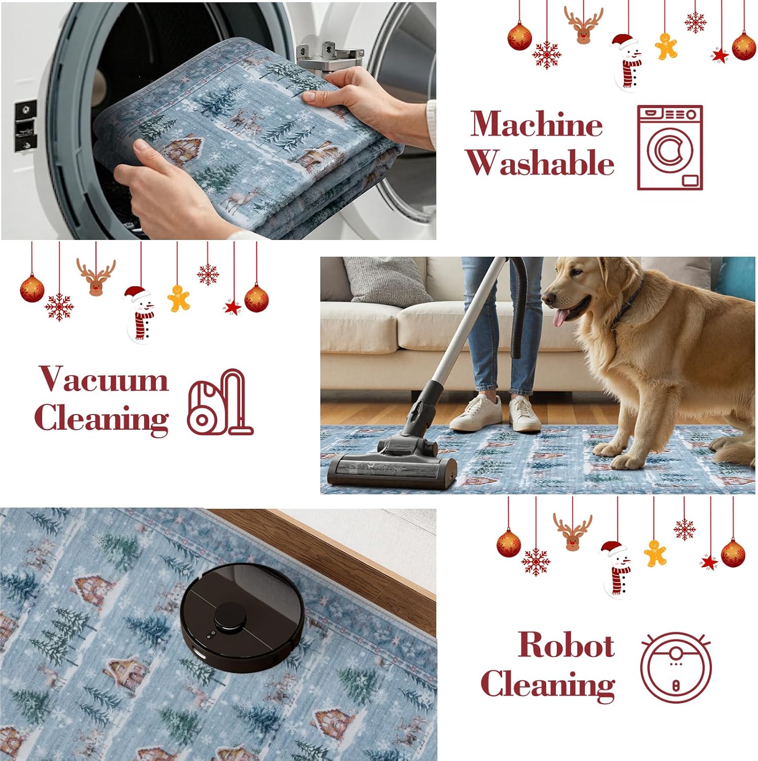 LEEVAN Christmas Runner Rug 2x6 Blue Rug Runner for Entryway, Washable Non Slip Hallway Rugs, Stain Resistant Kitchen Rugs, Xmas Holiday Decor for Bathroom Bedside Carpet