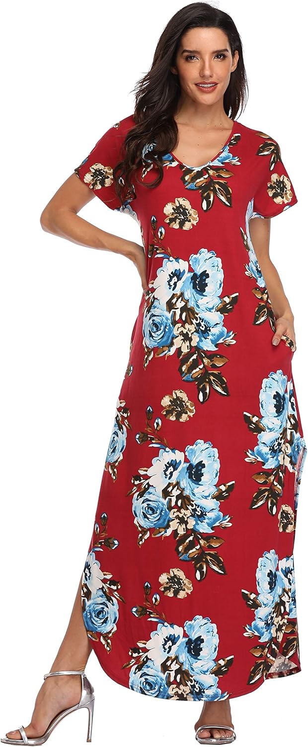 Women's Maxi Dresses Short Sleeve Floral Solid Summer Beach Dress Casual Loose V Neck Side Split Long Dress with Pockets - Image 2