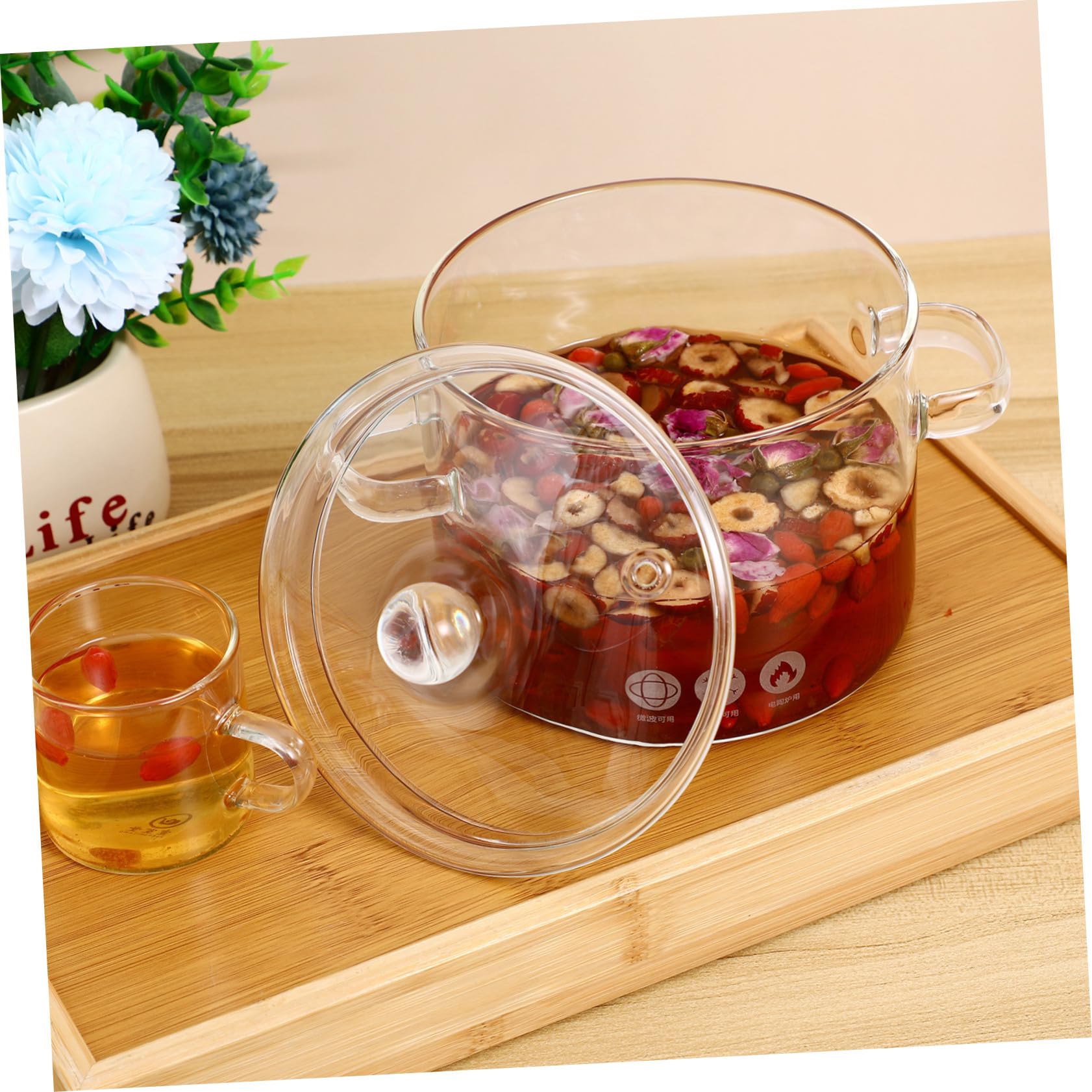 Cabilock Olla De Vidrio Para Sopa y Fideos Instantáneos Doble Asa Vidrio De Borosilicato Resistente Al Calor Tapa Incluida Adecuado Para Cocinar Casa y Preparar Alimentos Para Bebés