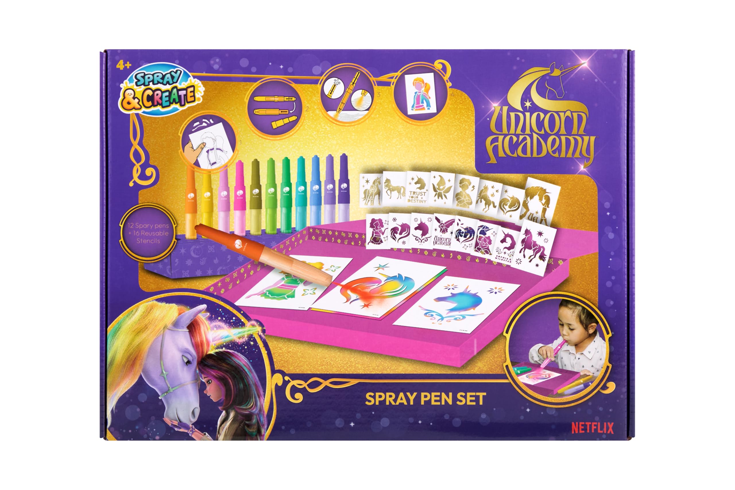 Unicorn Academy | Blow Pens | 16 Stencils | Airbrush Art Set