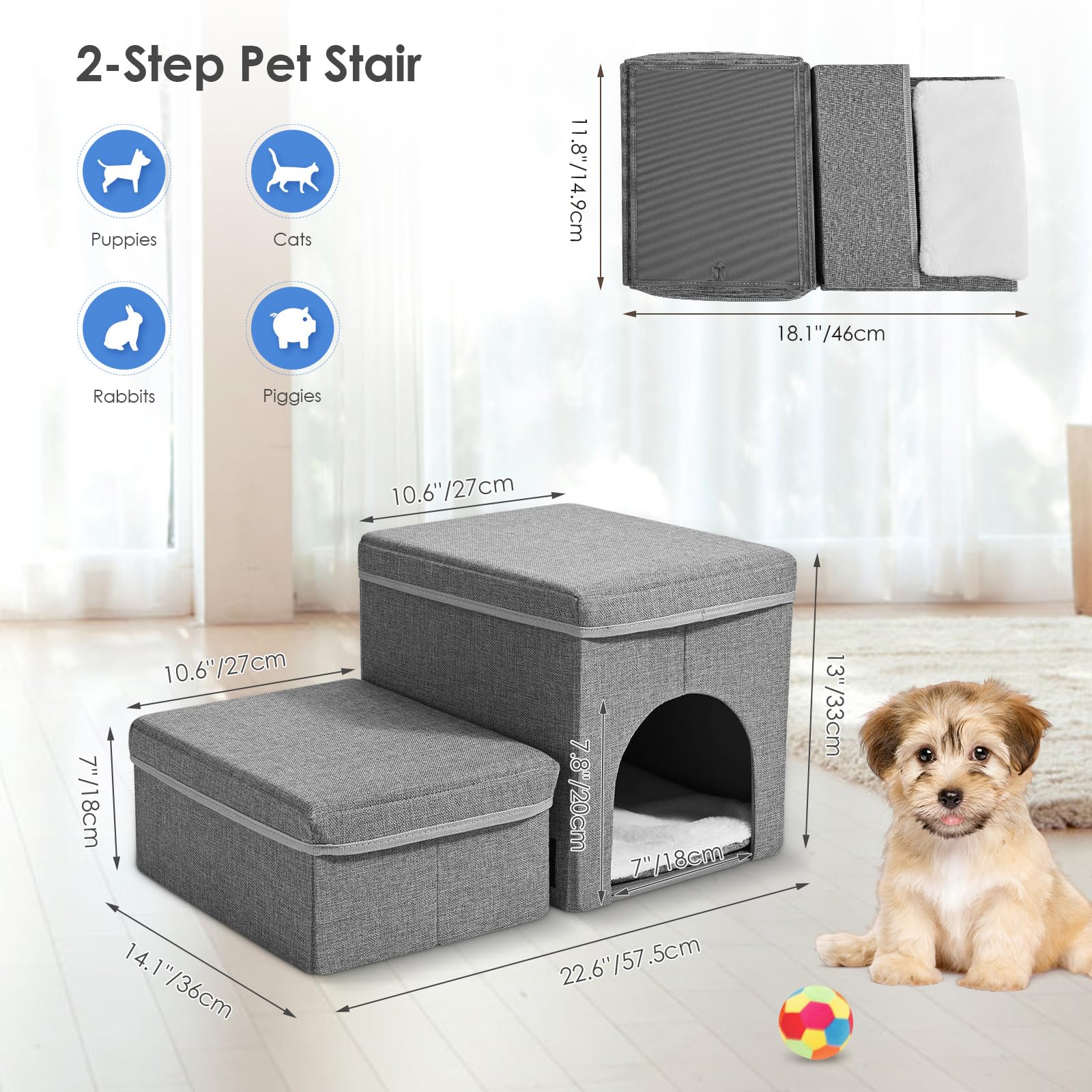Escalera para perros, escalera para mascotas, rampa para perros y gatos, con cajas de almacenamiento, plegable para cama y sofá (2 capas)