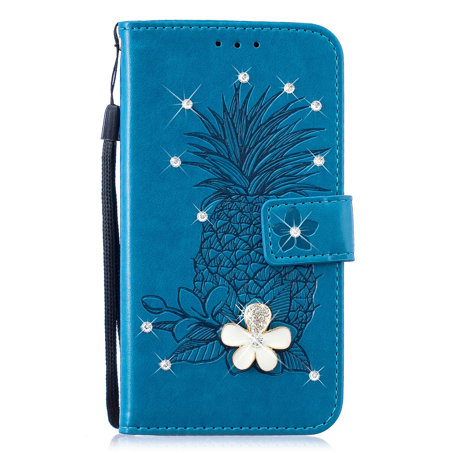 JUNJIU Sony Xperia XA2 Case, Bling Pineapple Embossed PU Leather Flip Notebook Wallet Cover with Magnetic Stand Card Holder ID Slot Folio Protective Skin Case for Sony Xperia XA2-Blue