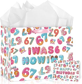 Innovoscape Funny 6 7 Gift Bag Colorful Ice Cream I Was 6 Now I'm 7 Birthday Wrapping Paper Bag with Greeting Card for Girls Boys Kids 7 Years Old Birthday Donut Grow up Meme Lover Party Supplies