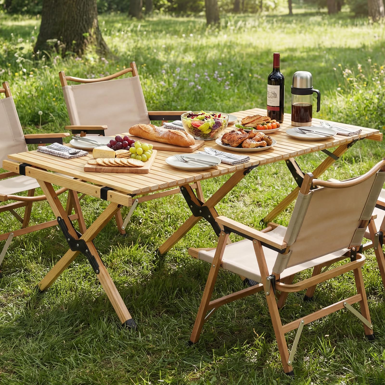COSTWAY Mesa Plegable Camping, Mesa de Picnic Plegable con Tablero Enrollable de Madera Pino y Bolsa de Transporte para 4-6 Personas, Portátil para Playa, BBQ, Fiestas, 122 x 60 x 45 cm (Natural)