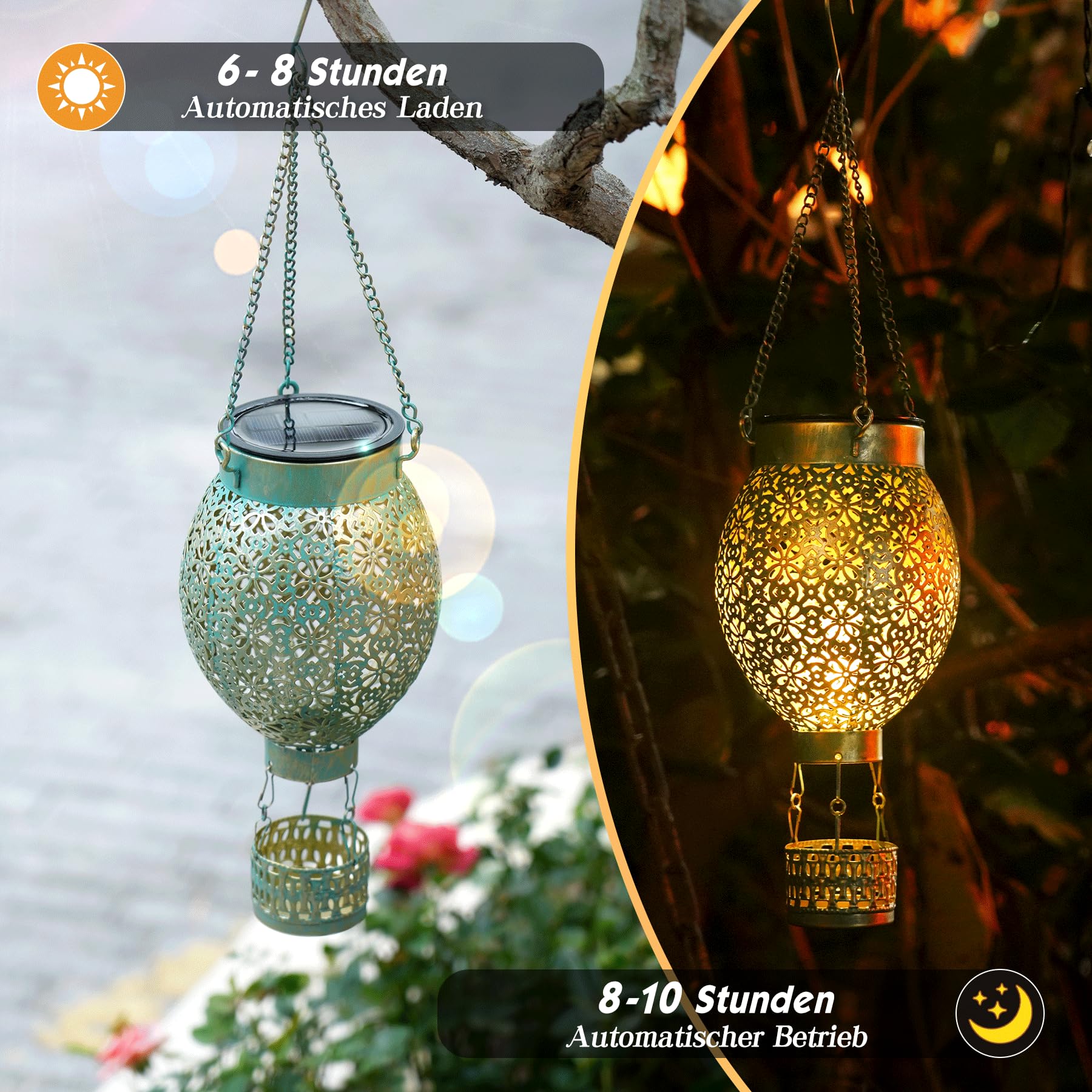 JOYCREATOR Lámparas solares colgantes para exteriores, 2 unidades, globo aerostático LED para exteriores, decoración de jardín, linterna solar de metal IP65, resistente a la intemperie, como regalos