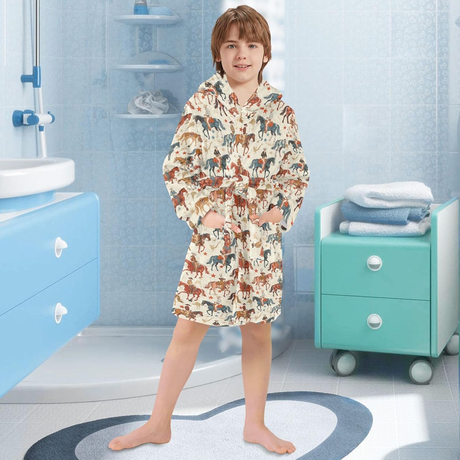Western Cowboy Horse Stars Bathrobe Hooded PJ Robe Plush Fleece Robe Pajama Sleepwear 2-12 Years