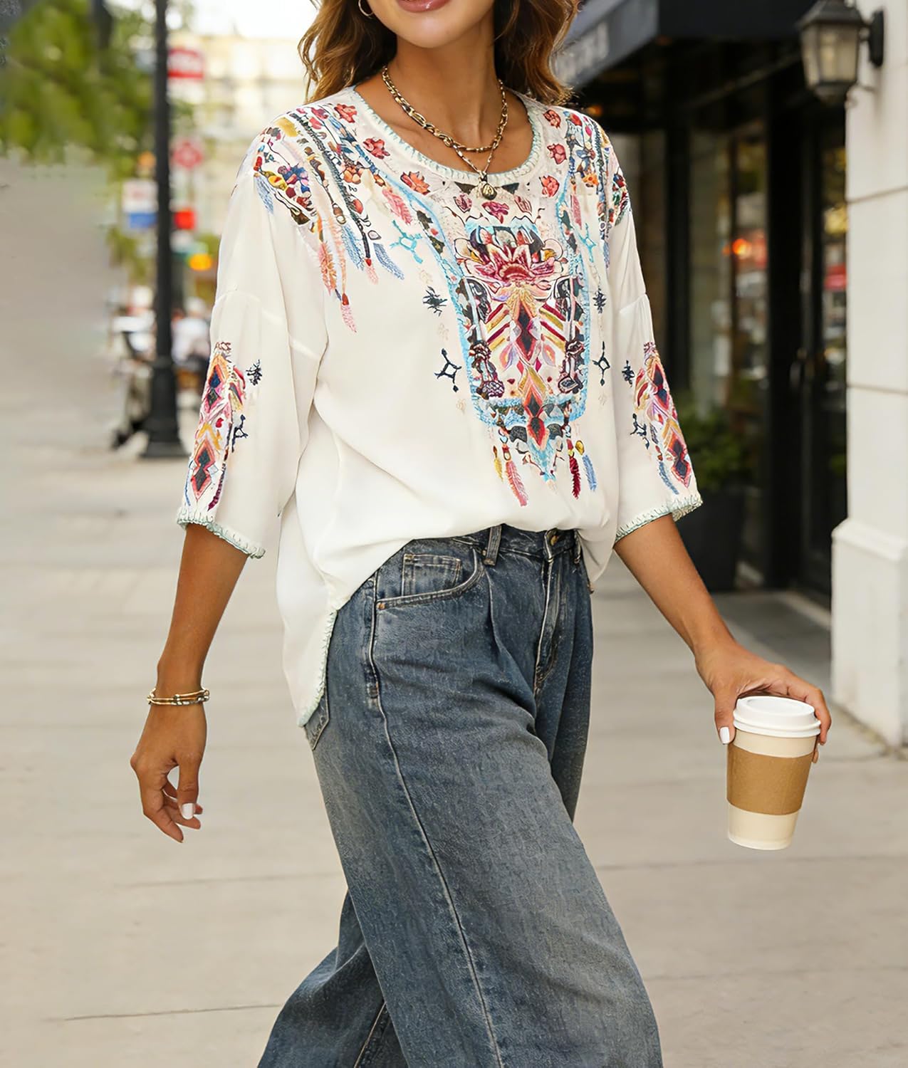 Higustar Mexican Embroidered Tops for Women Traditional Boho Tunics Bohemian Shirts Plus Size Peasant Clothes Blouses - Image 2