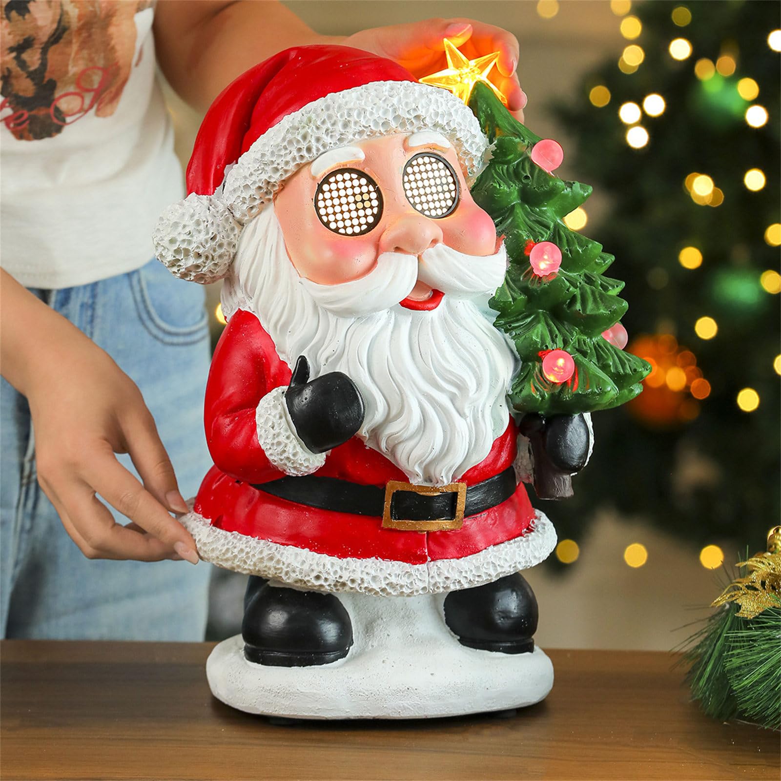Figura decorativa de resina con luz LED para mantel, decoración de mesa, decoración de mesa con música de Navidad brillante, figura de resina musical con luz LED para repisas