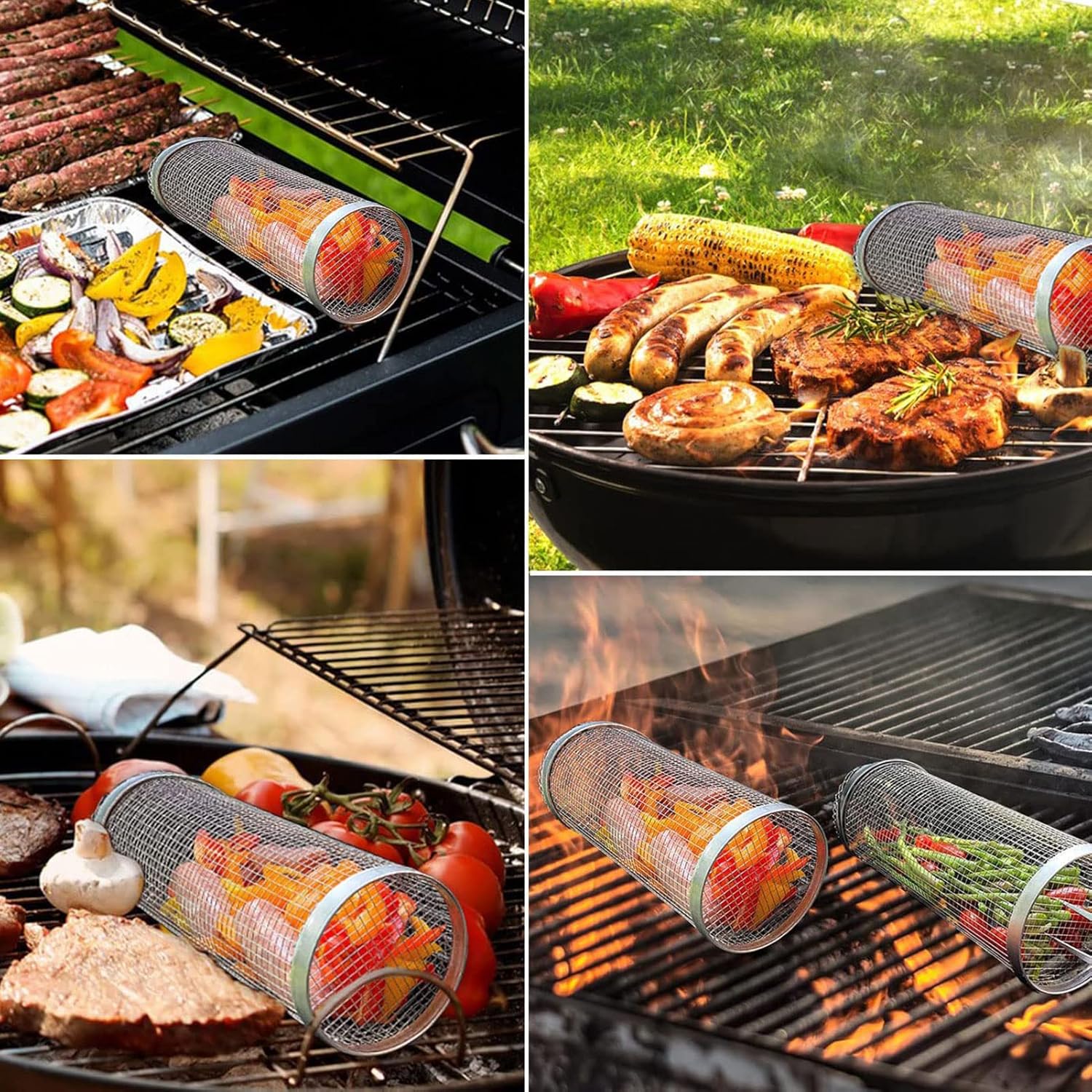 Grill Basket Round Stainless Steel,Rolling Grilling Basket,BBQ Grill Accessories for Outdoor Grill,Grilling BBQ Net for Vegetable,Fish,French Fries