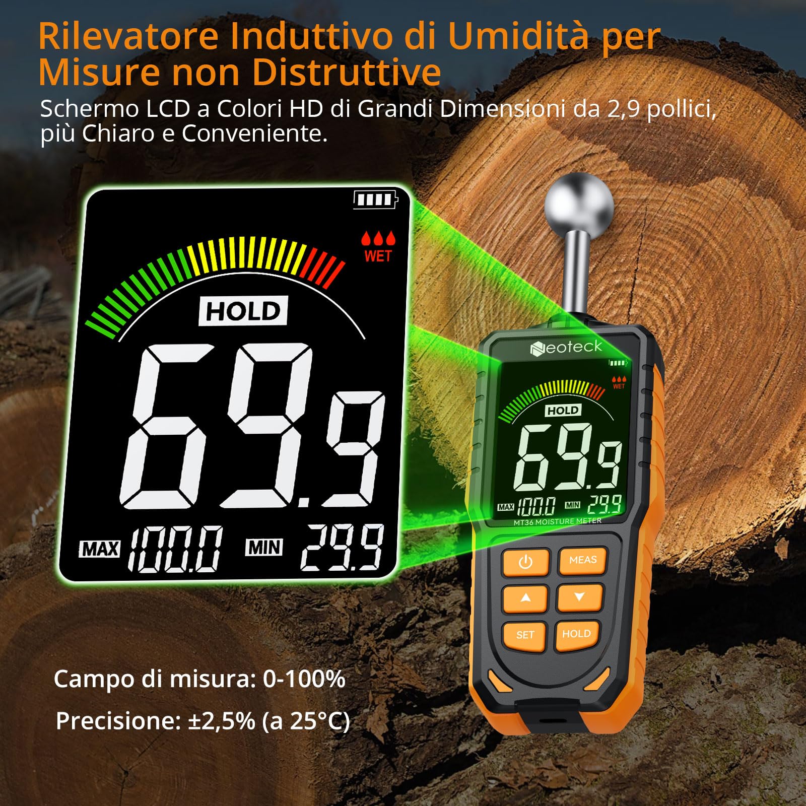 Neoteck Misuratore di Umidità Legno Ricaricabile, 5-40 mm di Profondità di Analisi Misuratore di Umidità Muri con Sonda con Schermo a Colori LCD e Allarme Umidità per Legno Intonaco Cemento Gesso