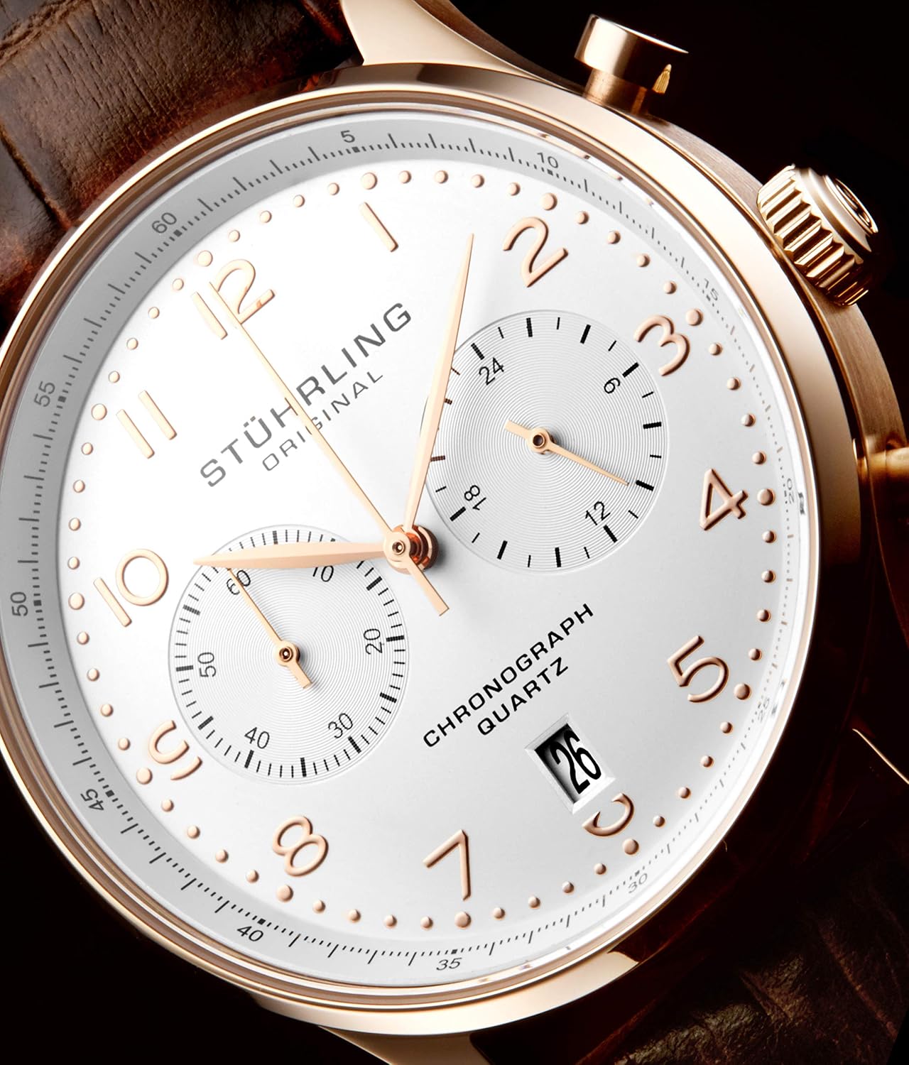 Stuhrling Original Mens Quartz Chronograph Dress Watch - Stainless Steel Case and Leather Band - Analog Dial with Date
