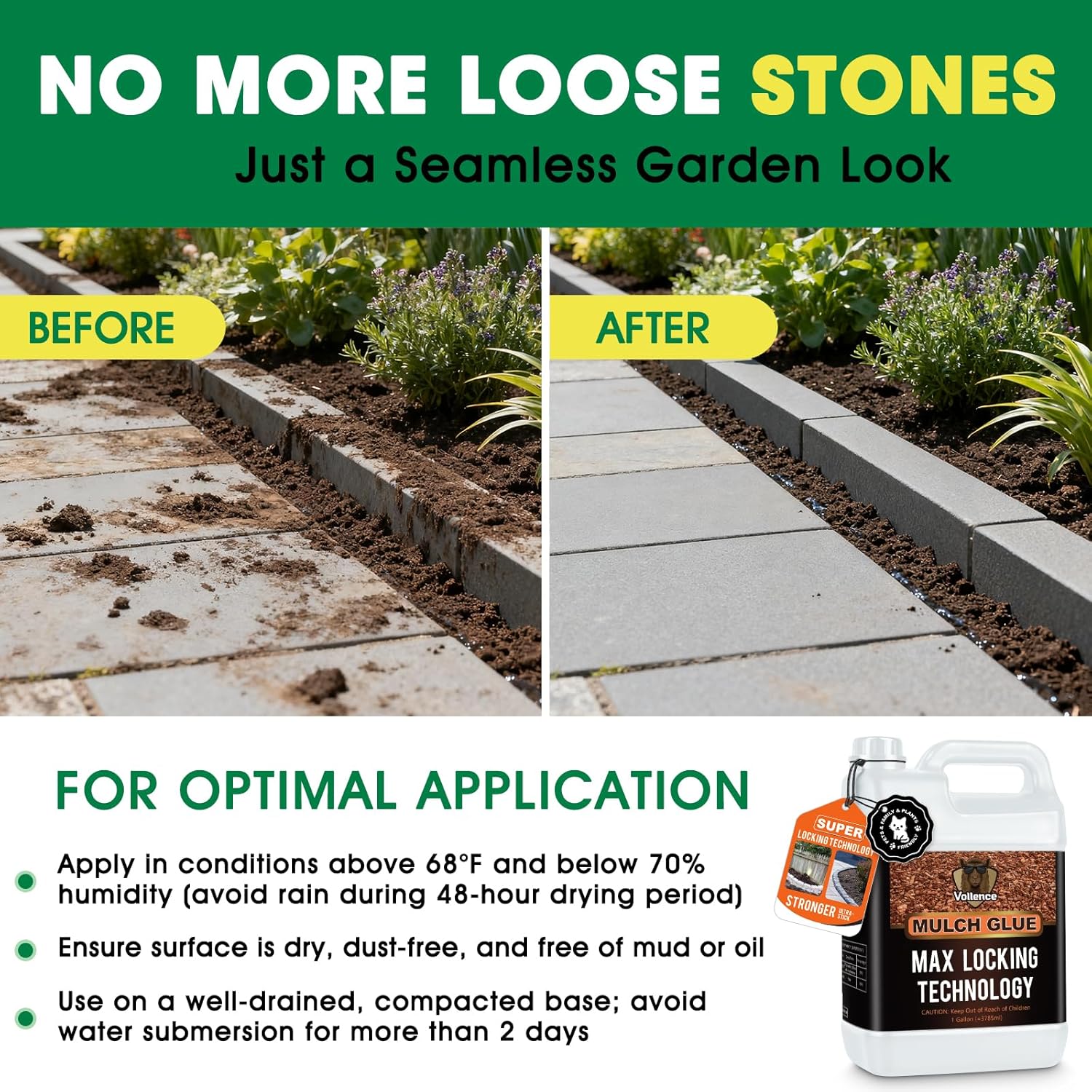 Vollence Ready to Use Mulch Glue for Landscaping,1 Gallon Rock Glue, No Dilution Needed Non-Toxic Weather-Resistant Strong Gravel Binder, Pine Straw Outdoor Strong Pebble Gravel Hold for Garden