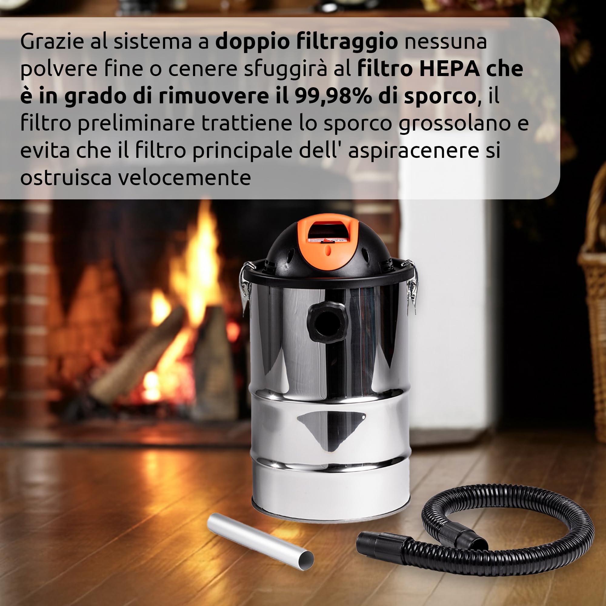 Melchioni Family, CENERELLO, Bidone Aspiracenere in Metallo con Doppio Filtro, Capacità 18 Litri, Nero, Tubo Flessibile 23cm, Cavo 2,3 mt