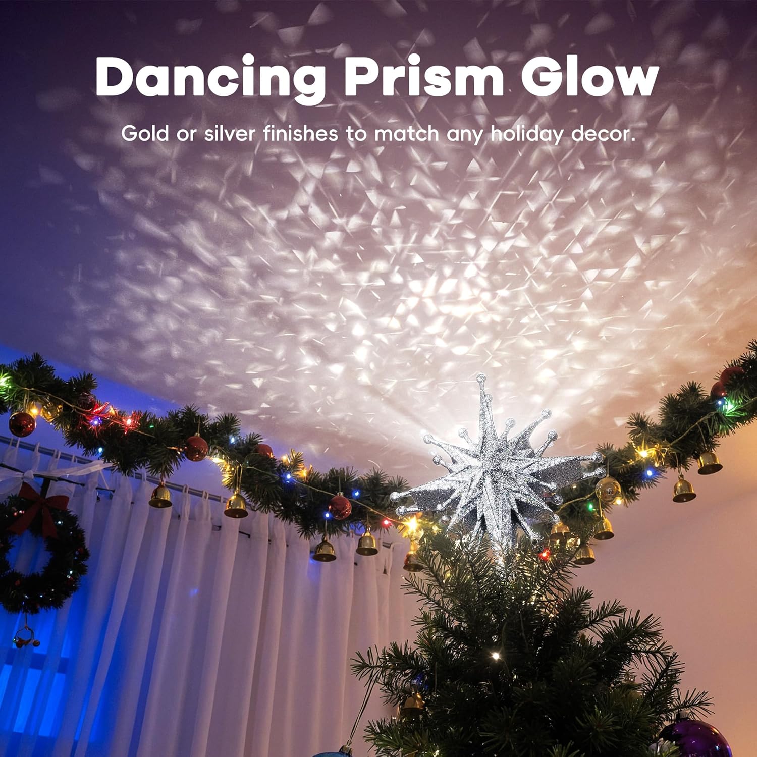 Christmas Tree Topper Projector Light with Rotating Bright LED & Wide Coverage, Glitter Star, Universal Fit for Any Height Tree, Easy Install, Stable Base, Holiday & Party Decorations (Frosted Silver)