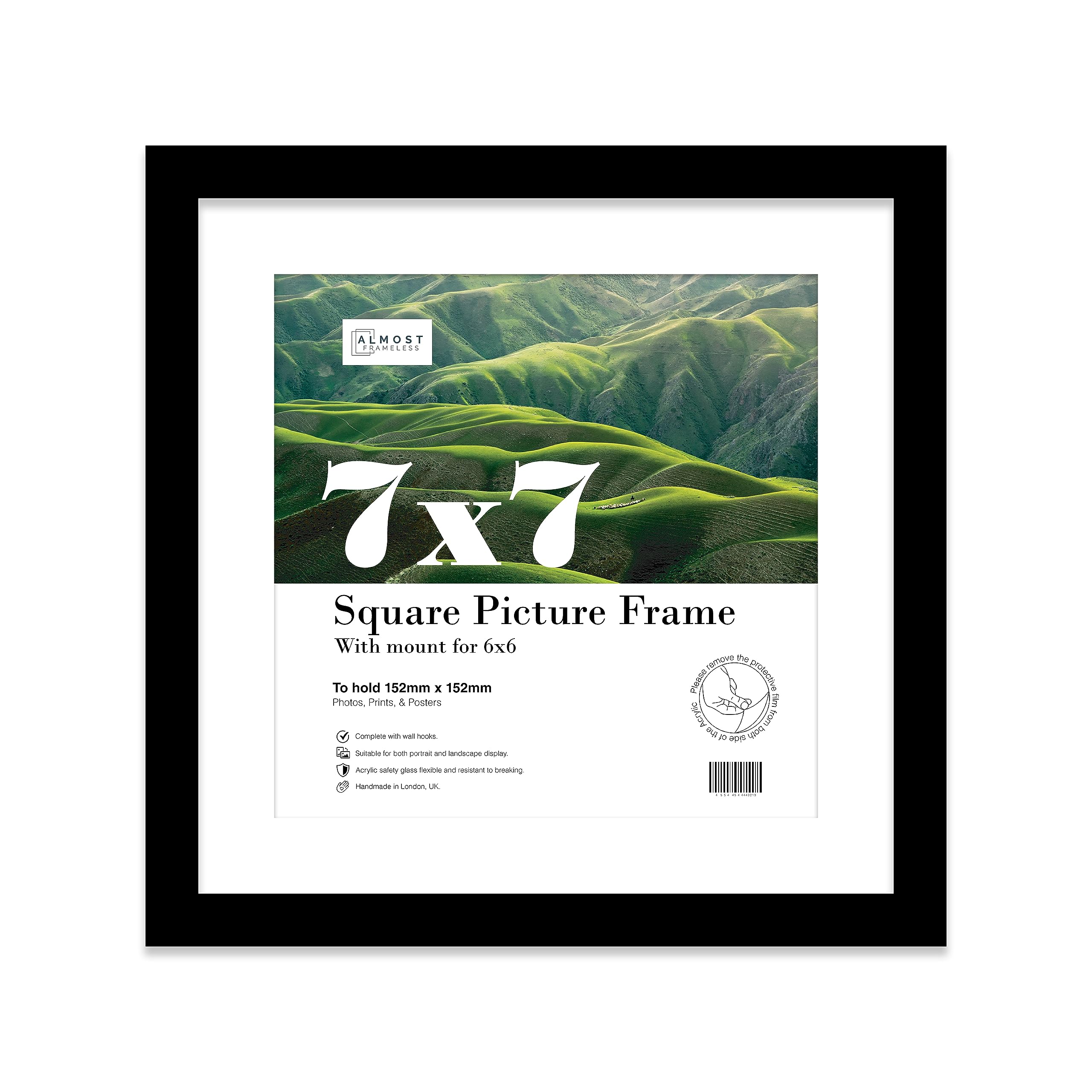 Almost Frameless 7x7 Picture Frame, Display Pictures 6x6 With Mat or 7x7 Without Mat, Wall Hanging & Free Standing Photo Frame, Black, 1 Pack