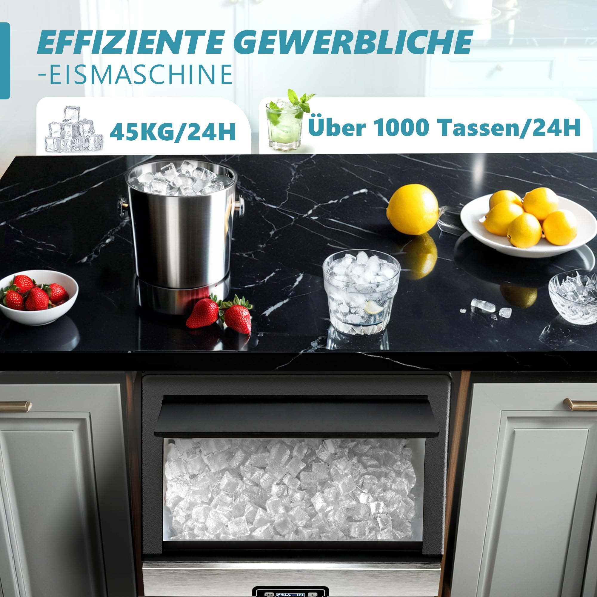 EUHOMY Gewerbliche Eiswürfelmaschine, 45 kg/24 Std. Edelstahl Untertisch-Eismaschine mit 15 kg Eislagerkapazität, freistehende Eismaschine mit Timer, ideal für Bars, Getränkeläden und große Feiern