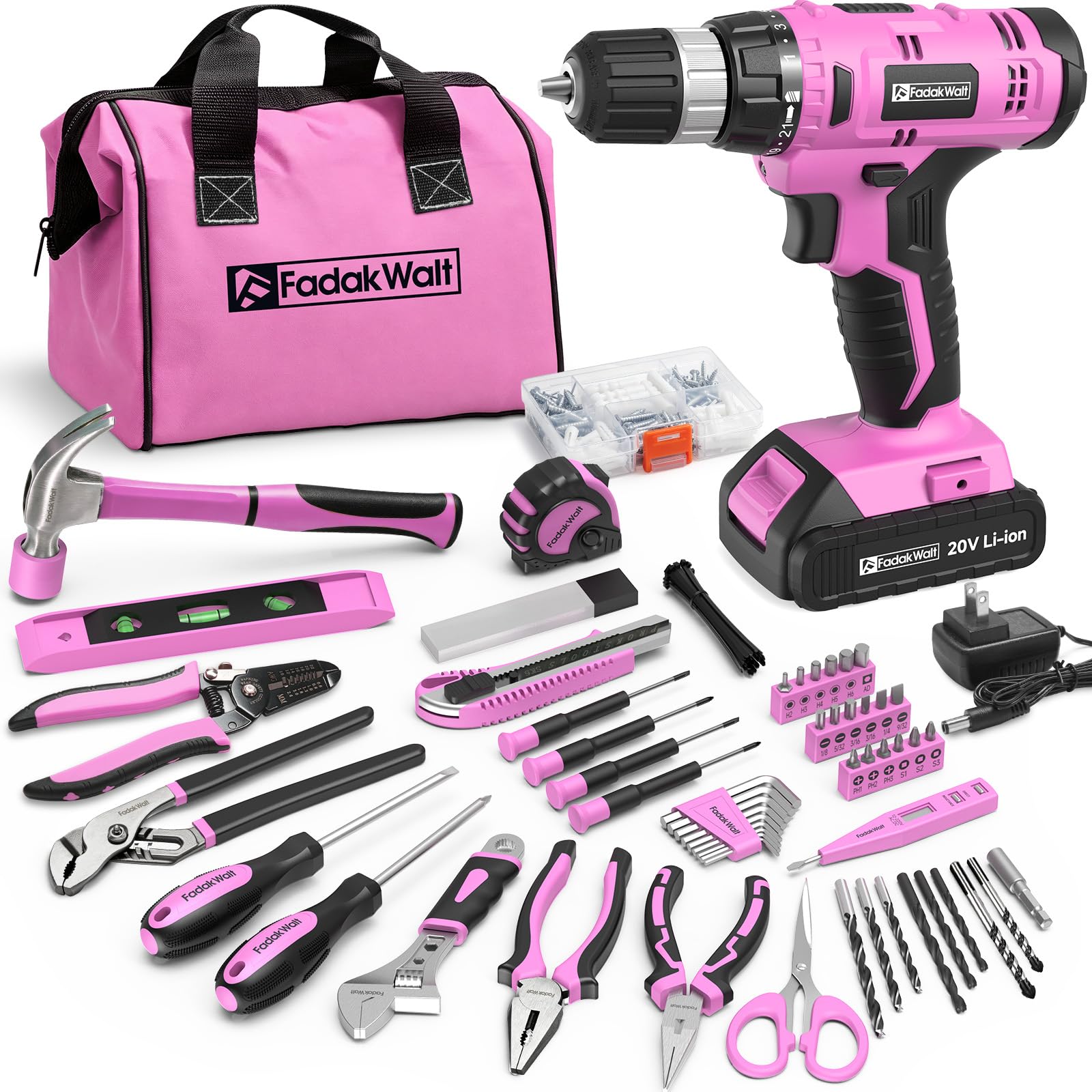 FADAKWALT 20V Cordless Drill Set with Battery, Charger &amp; Carrying Bag, 30N Torque Power Drill/Driver Kit, 21+1 Clutch Settings, 3/8" Keyless Chuck, LED Light, Driver Bits(Pink)